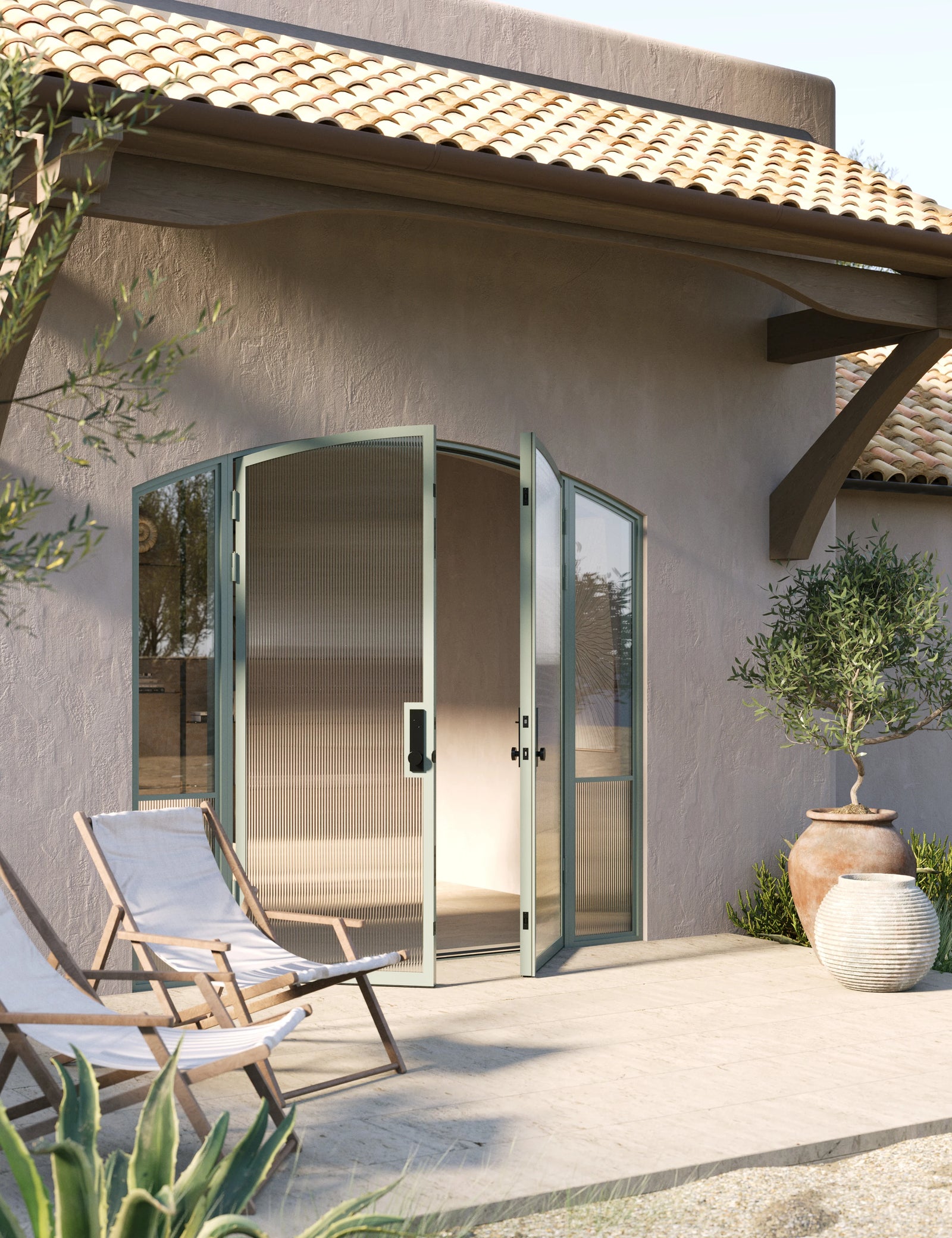 Modern architectural steel double arch front doors with side windows, Air Grand galvanized steel construction with ribbed glass accents