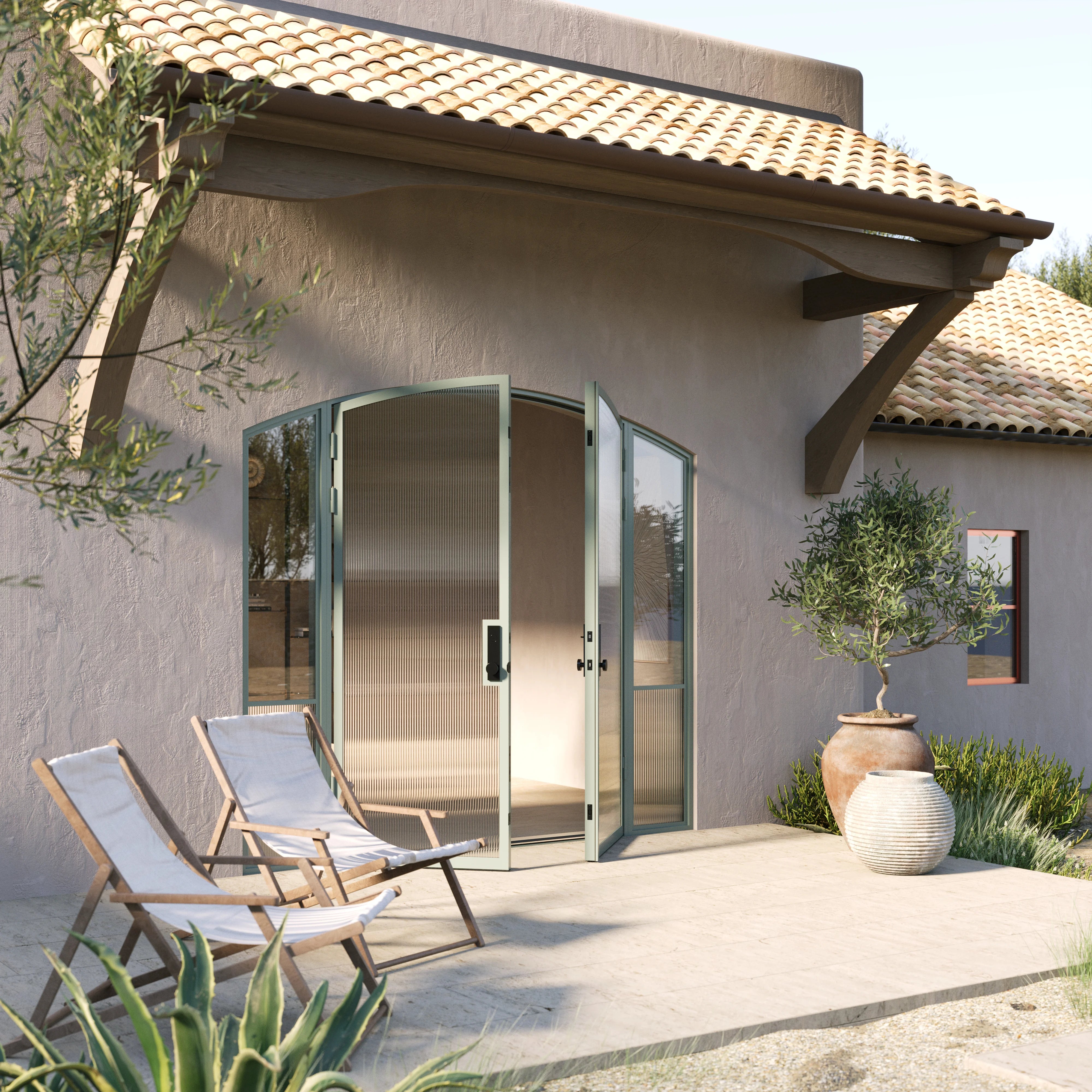 Modern architectural steel double arch front doors with side windows, Air Grand galvanized steel construction with ribbed glass accents