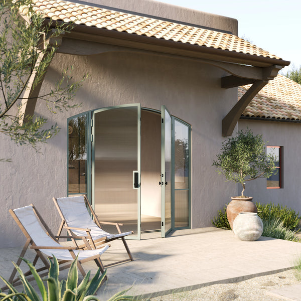 Modern architectural steel double arch front doors with side windows, Air Grand galvanized steel construction with ribbed glass accents