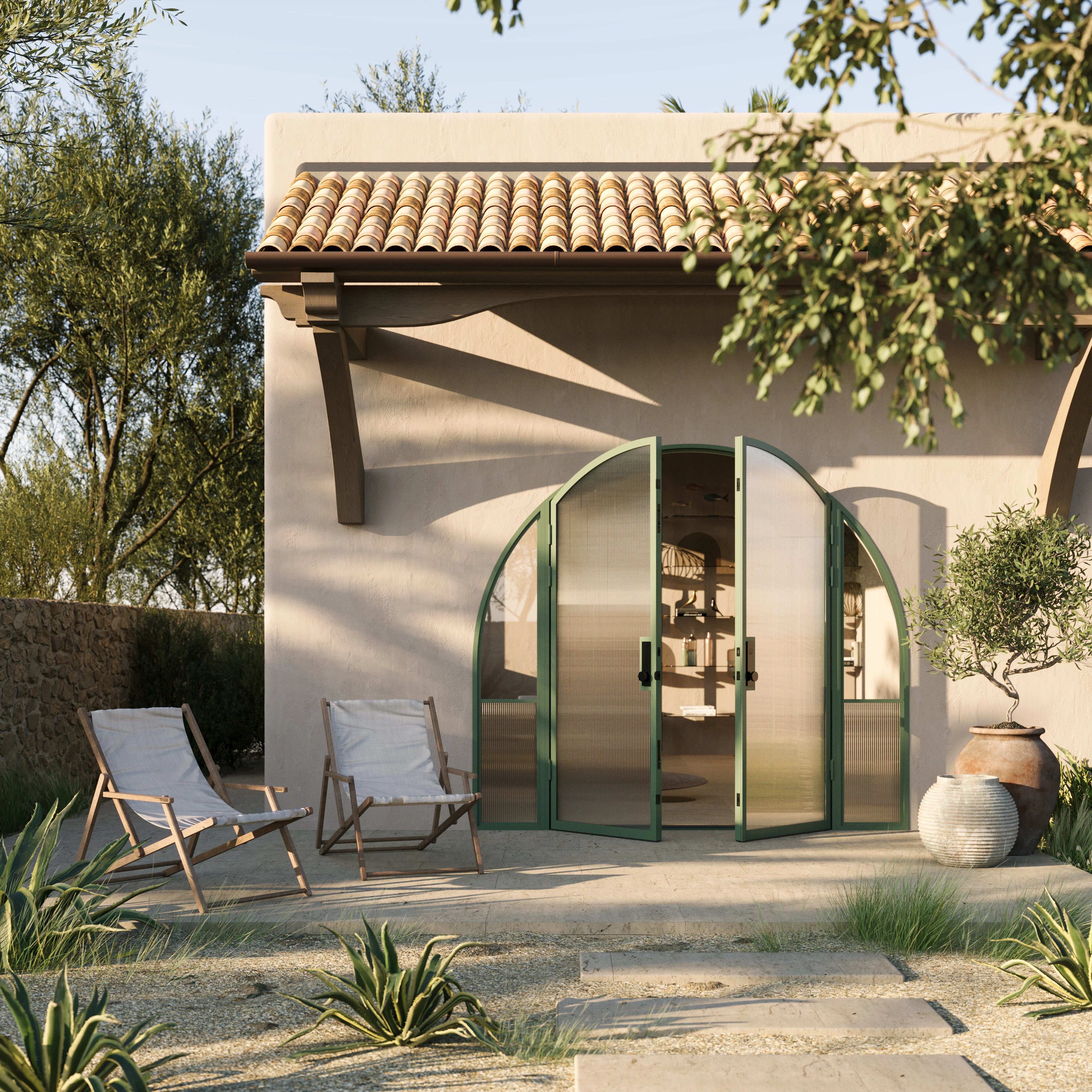 Contemporary architectural steel double full arch doors with side windows, Air Grand insulated Low-E glass panels