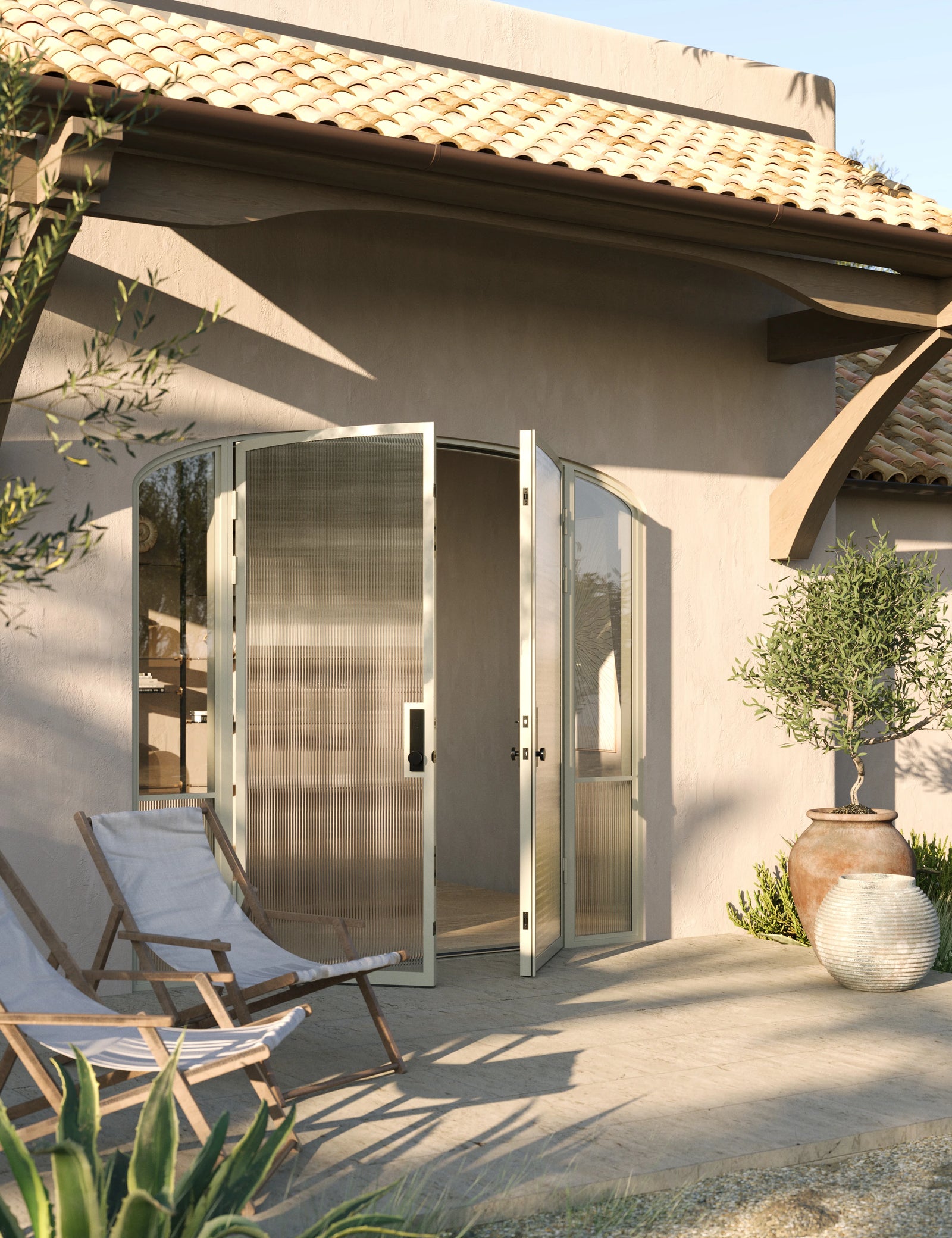 Contemporary architectural steel double mini arch doors with side windows, Air Grand insulated tempered glazing