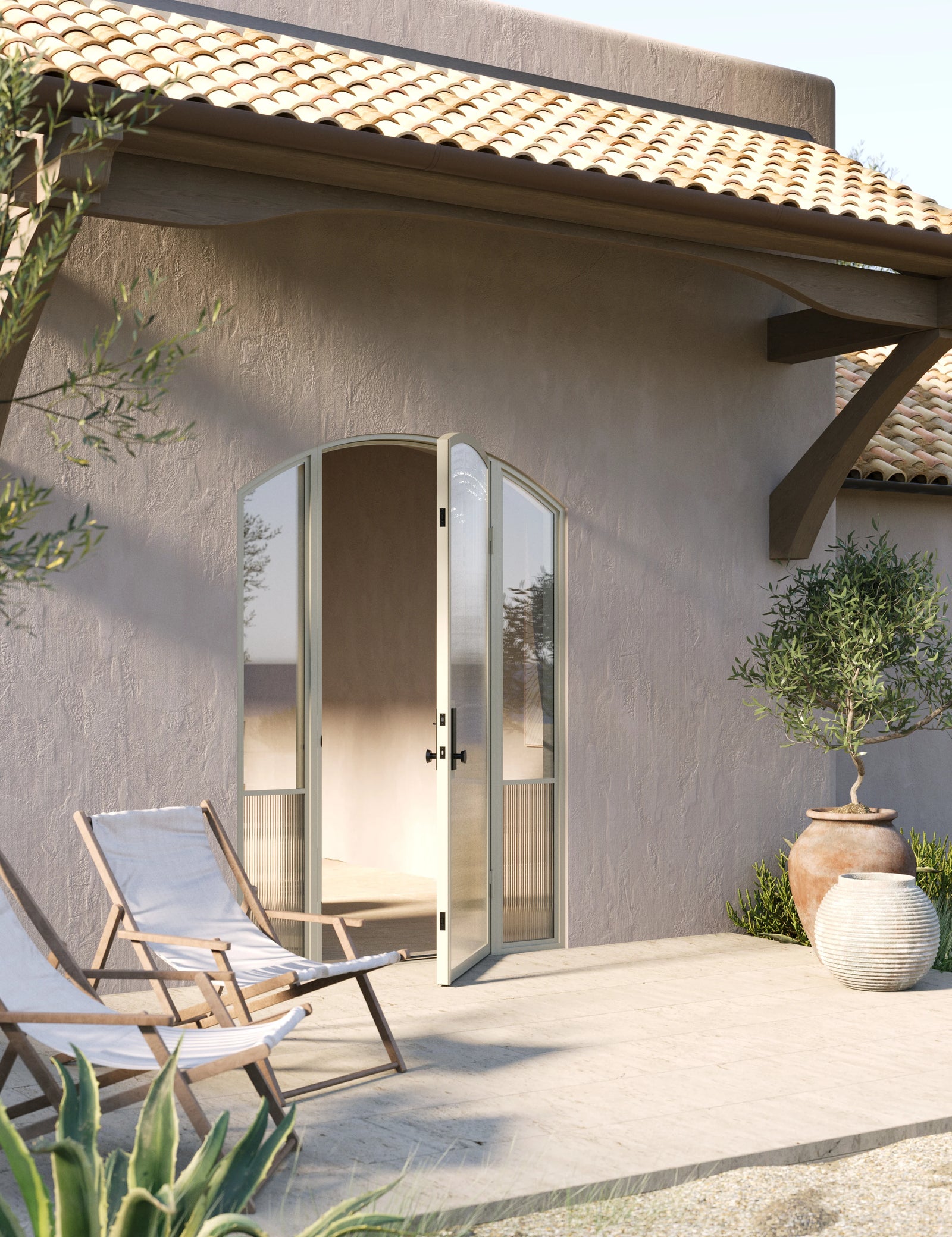 Modern architectural steel single arch front door with side windows, Air Grand insulated Low-E glass panels