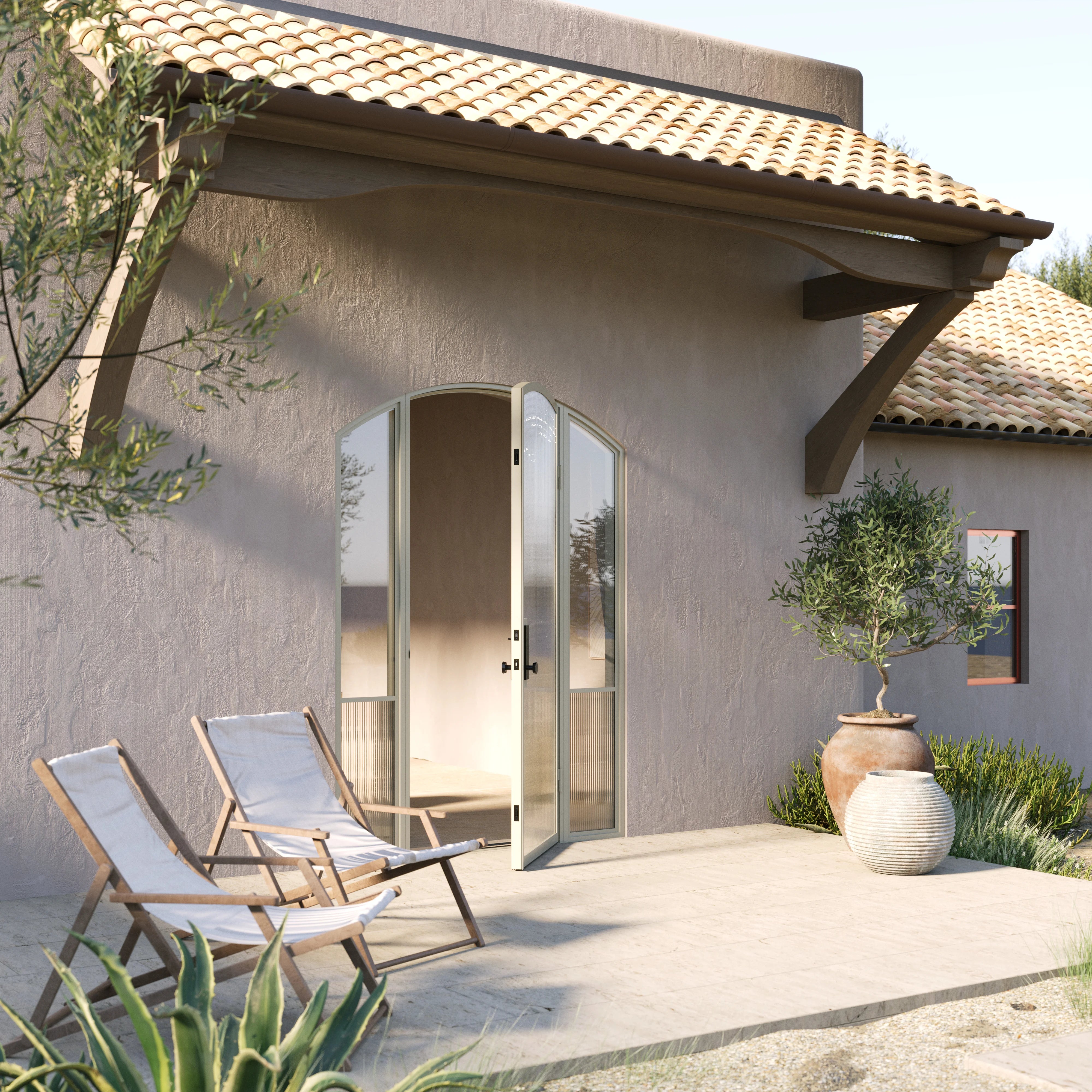 Modern architectural steel single arch front door with side windows, Air Grand insulated Low-E glass panels
