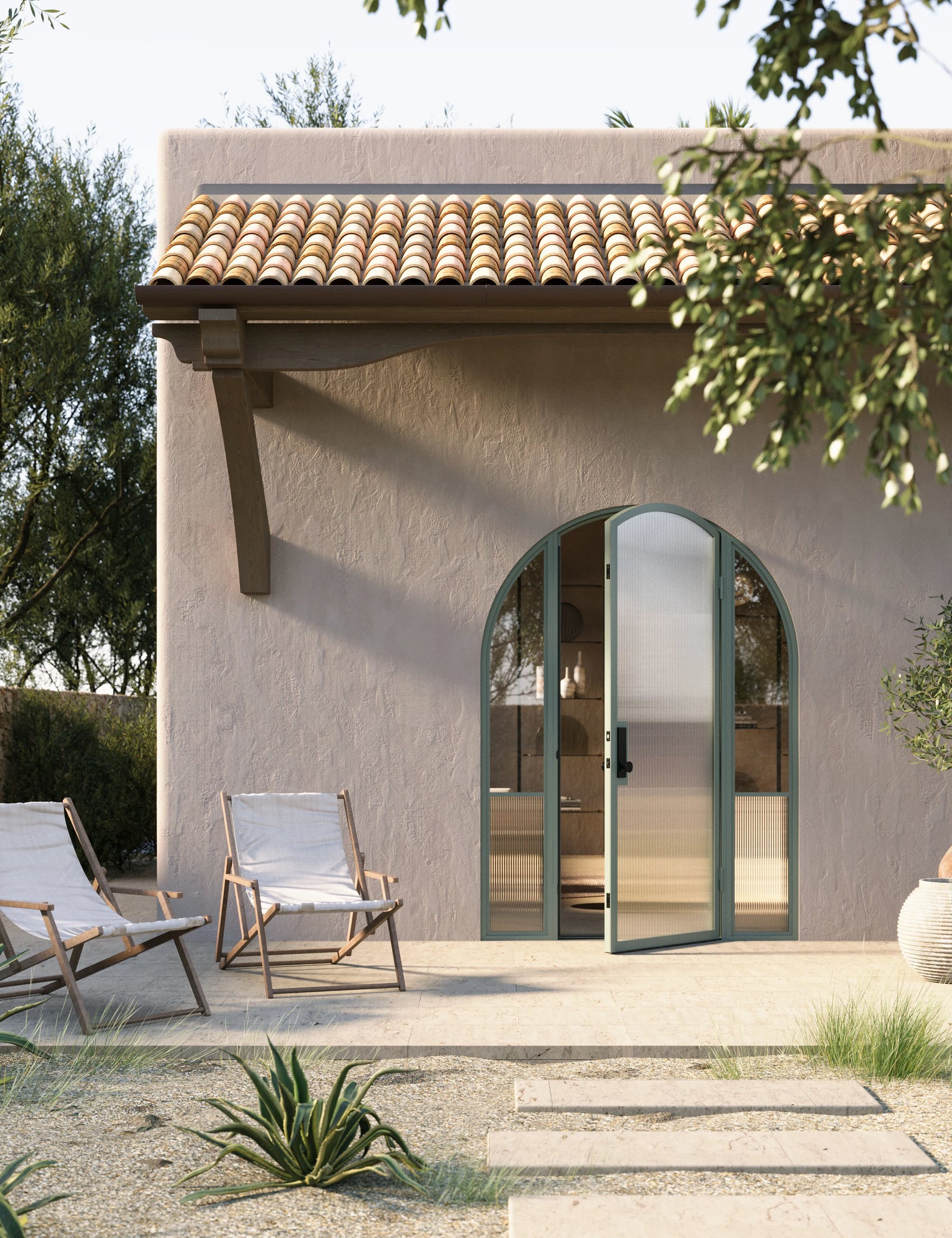 Contemporary architectural steel full arch front door with side windows, Air Grand insulated glass panels