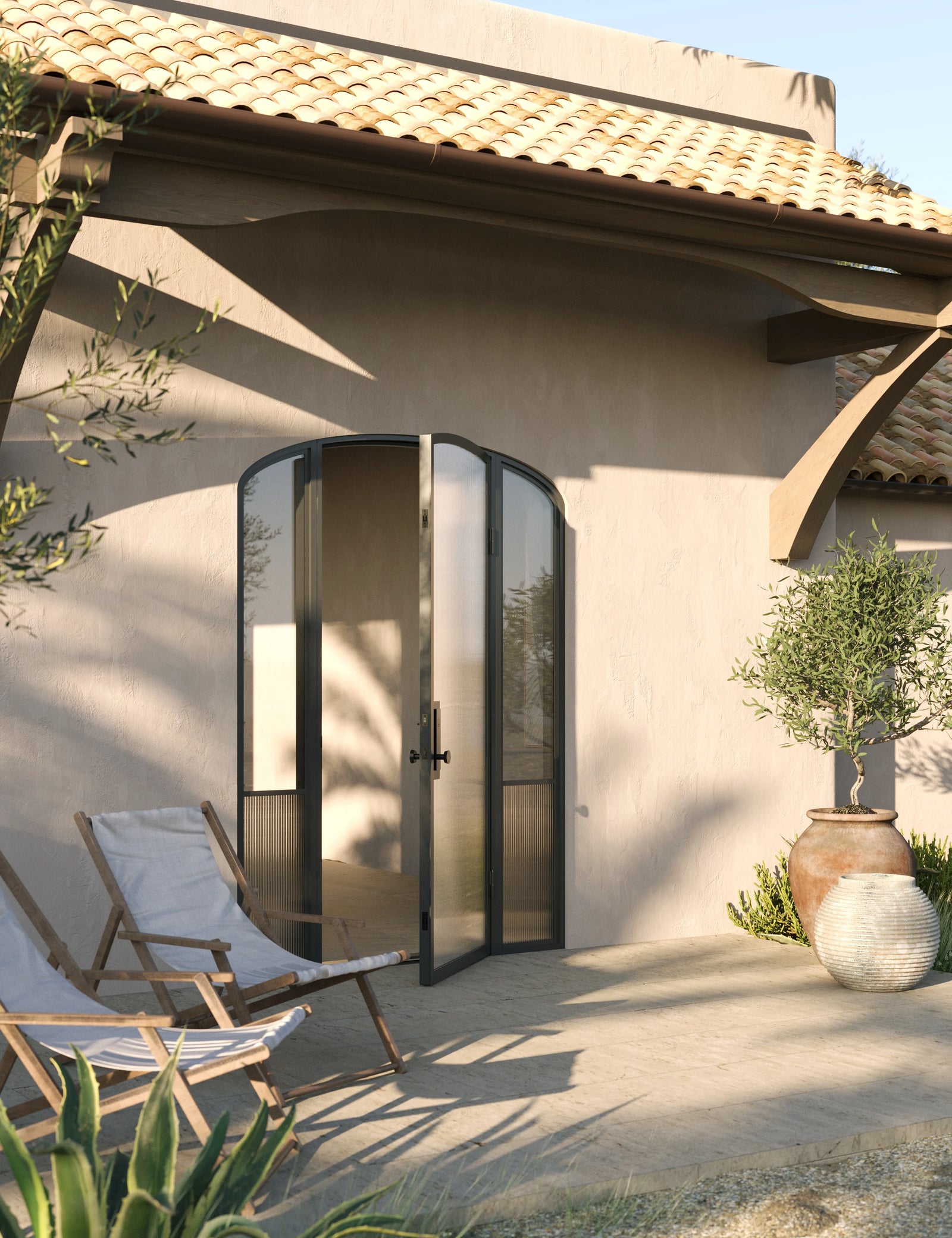 Contemporary architectural steel mini arch door with side windows, Air Grand insulated glass panels