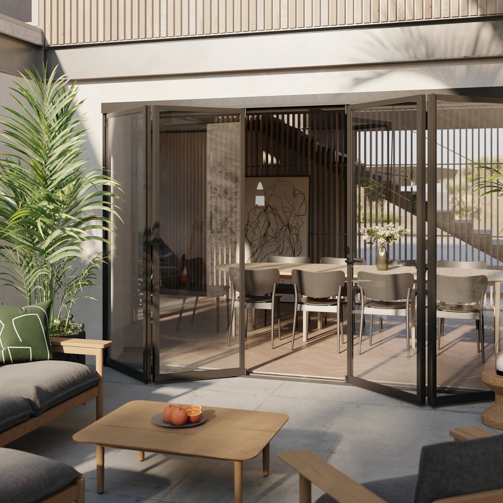 Center split insulated steel folding door with slim frames.