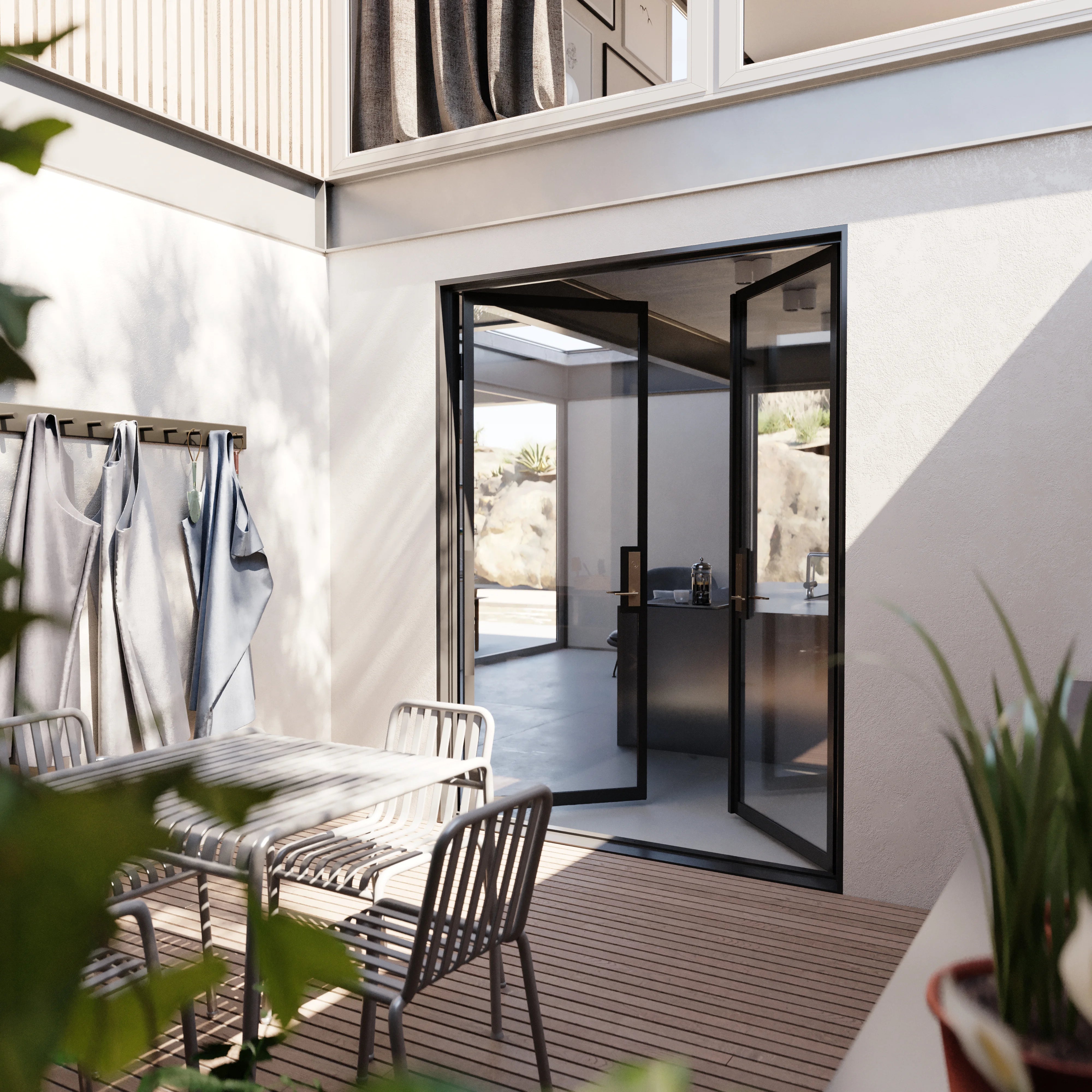 Modern double flat steel entry with energy ratings.