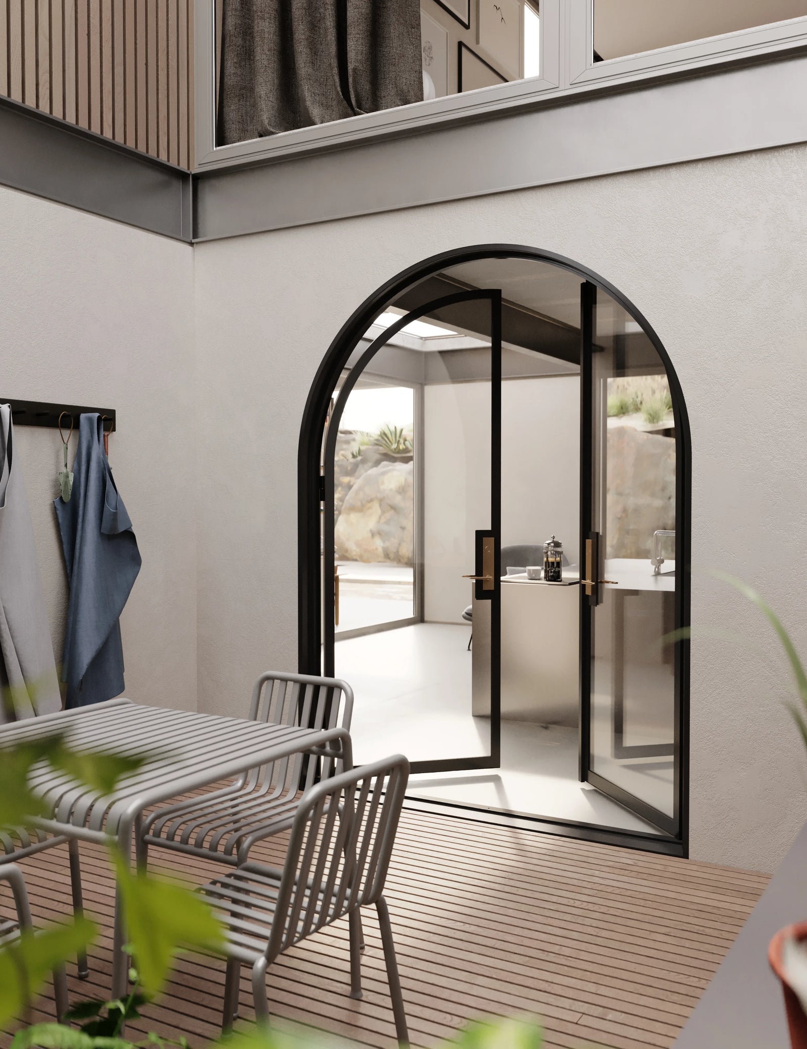 Paired full arch steel entry with certified thermal performance.