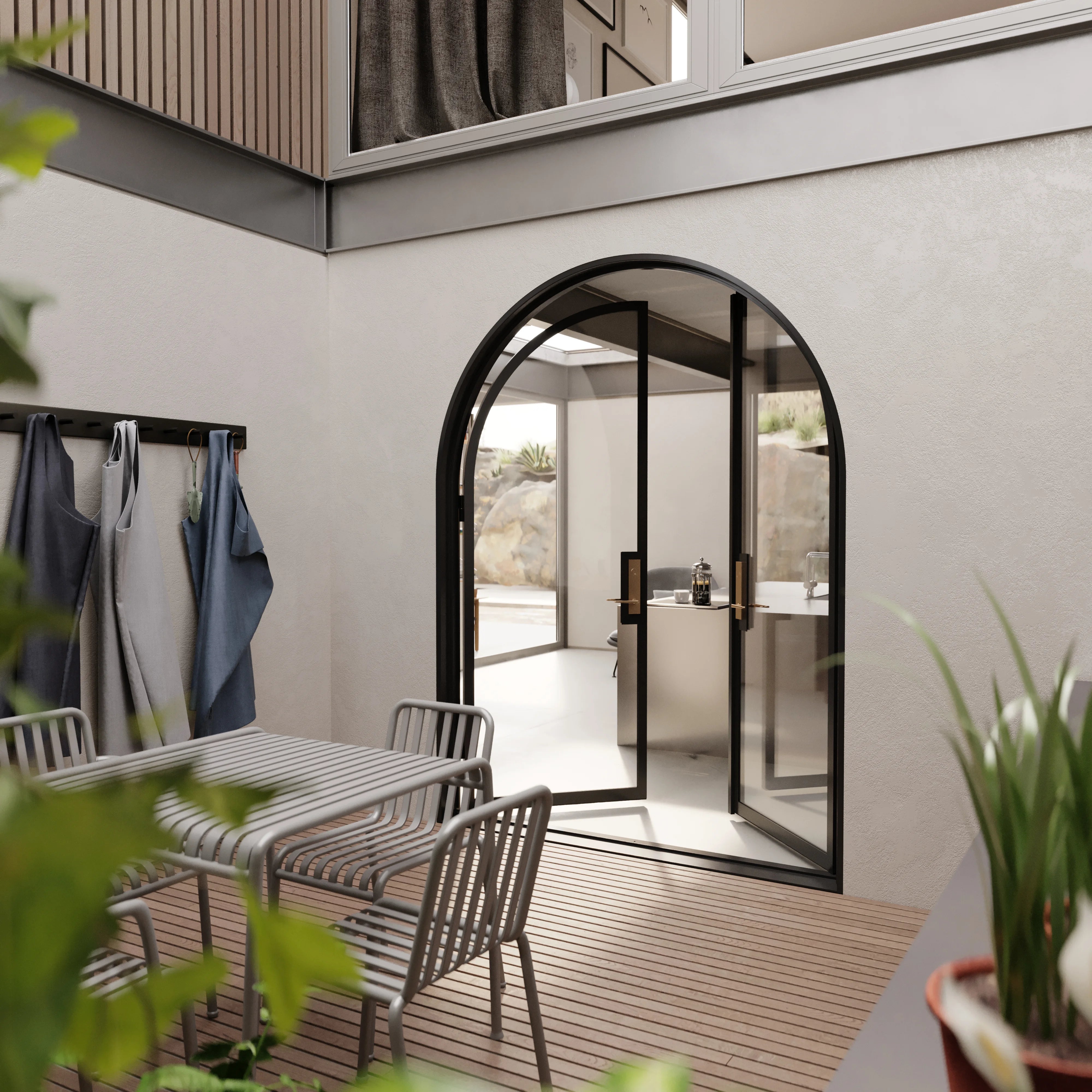 Grand arched double steel entry doors with thermal barrier and Low-E tempered glazing