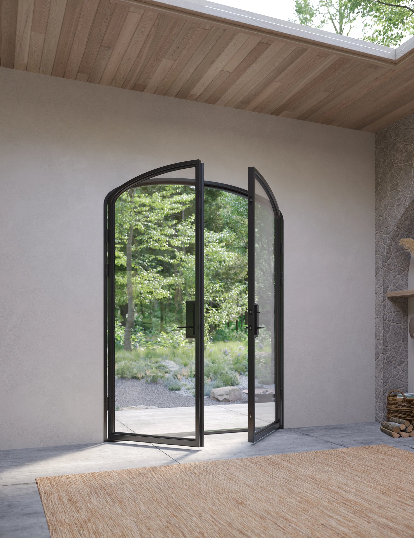 Double mini arch pre-hung steel door with thermal specs.