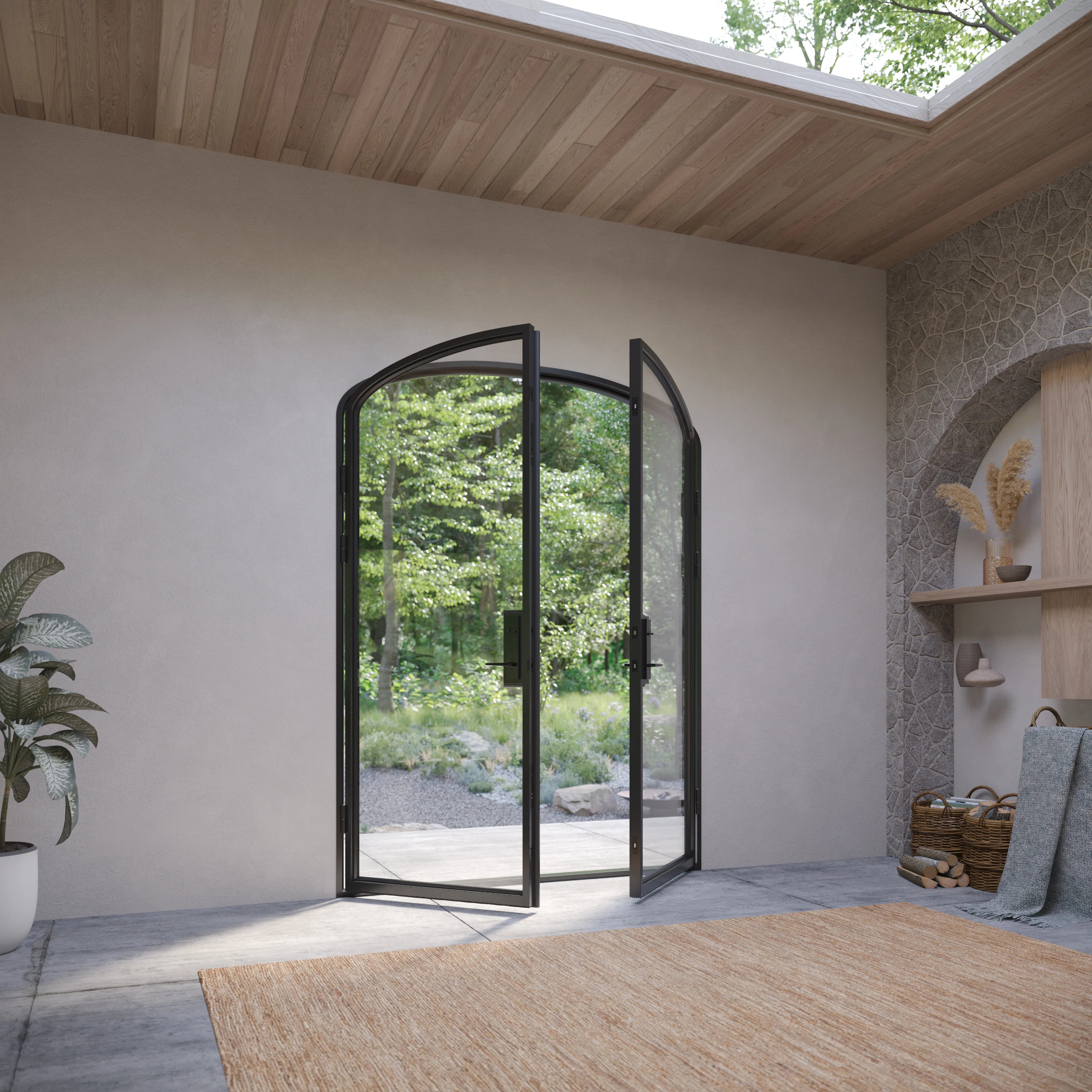 Double mini arch pre-hung steel door with thermal specs.