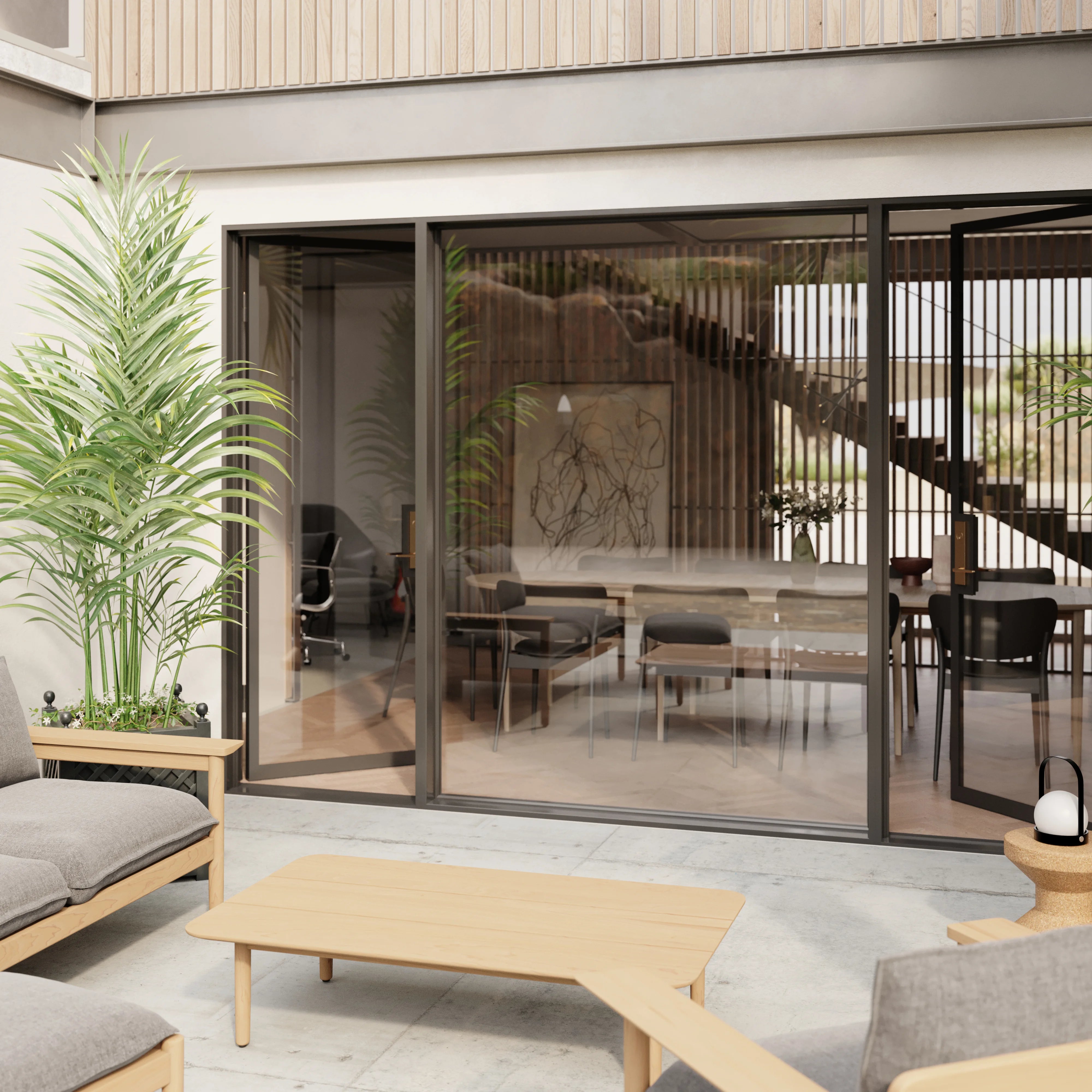 Architectural dual single steel entry with middle glass panel.