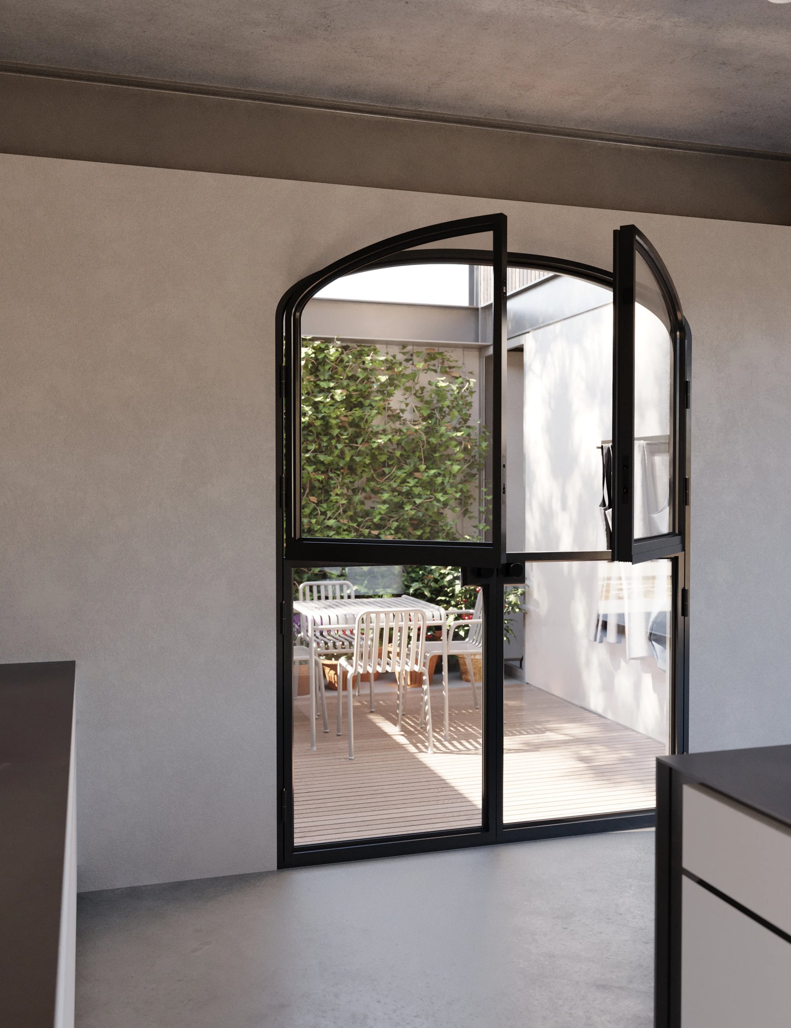 Modern double Dutch doors with mini arch tops.