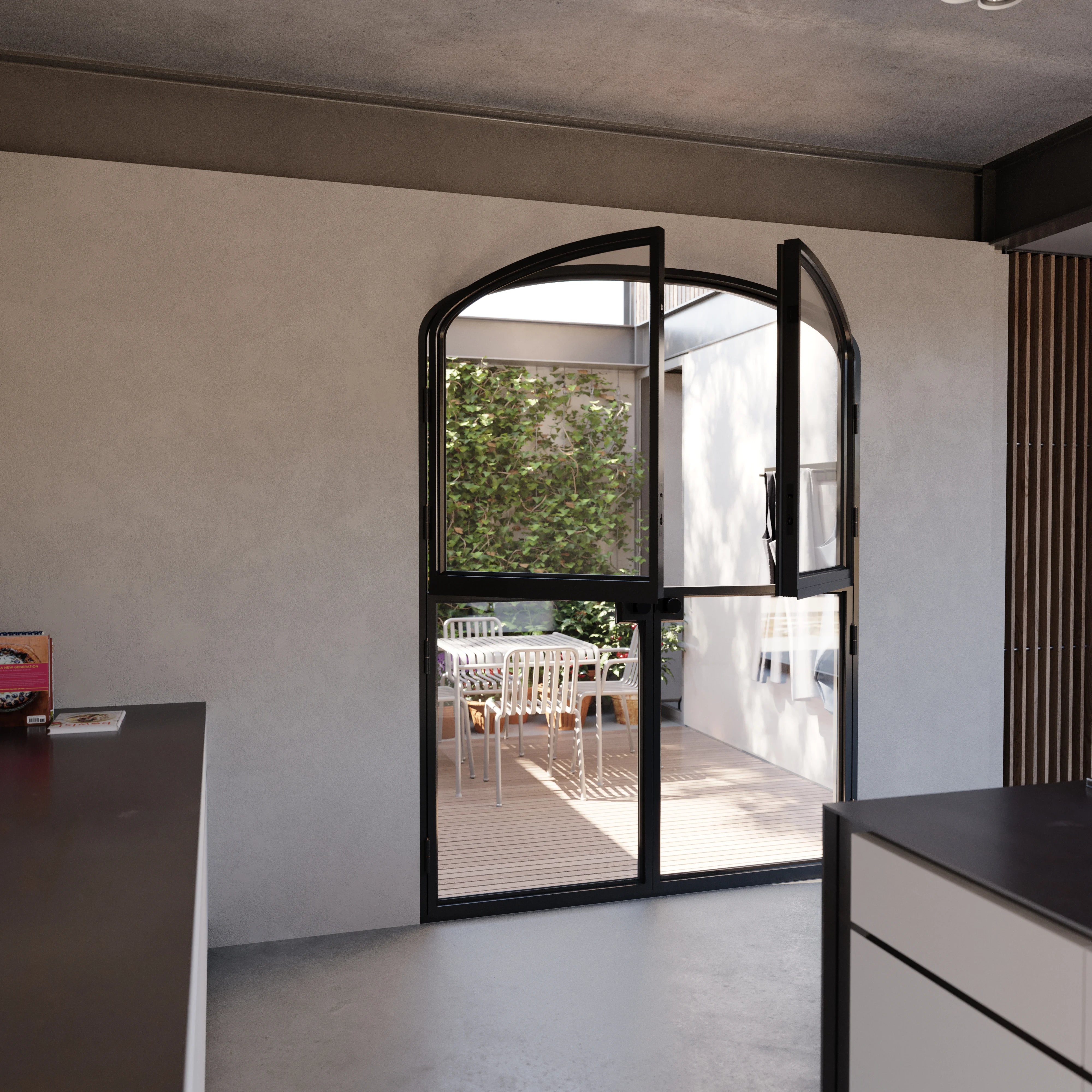 Modern double Dutch doors with mini arch tops.