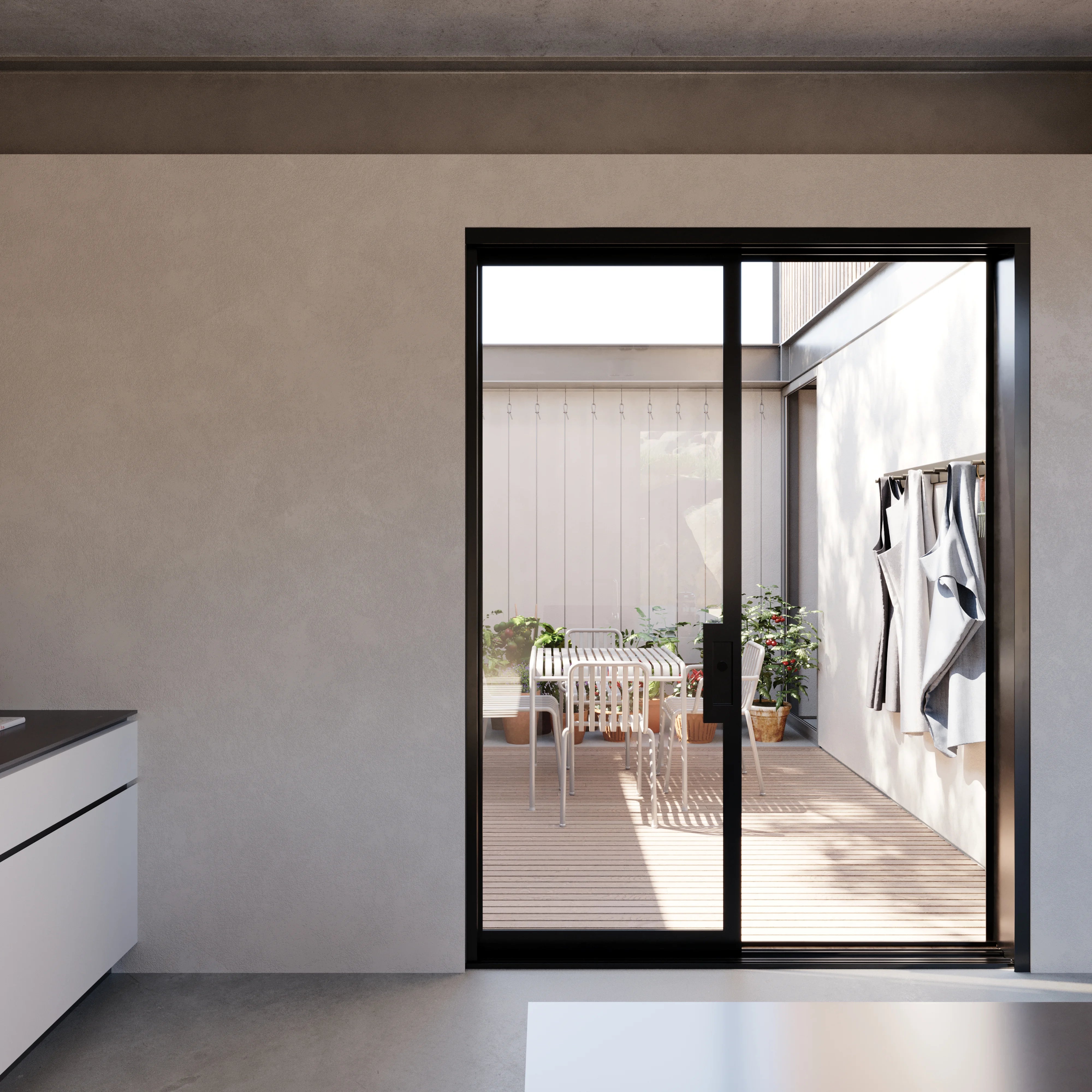 Modern steel pocket slider with full glass panel.