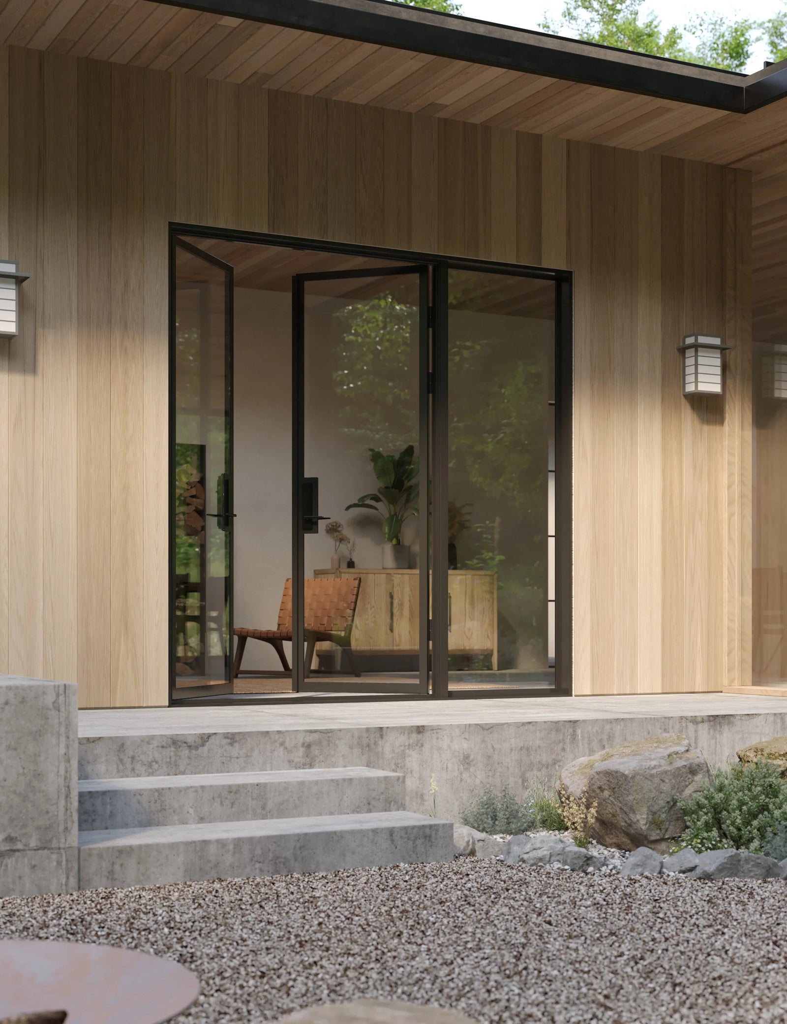 Double flat insulated steel door with right side window and slim frame.