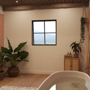 Awning steel window, square, 1V 3H grid, ring pull, hot-rolled steel, black finish, Low-E glass