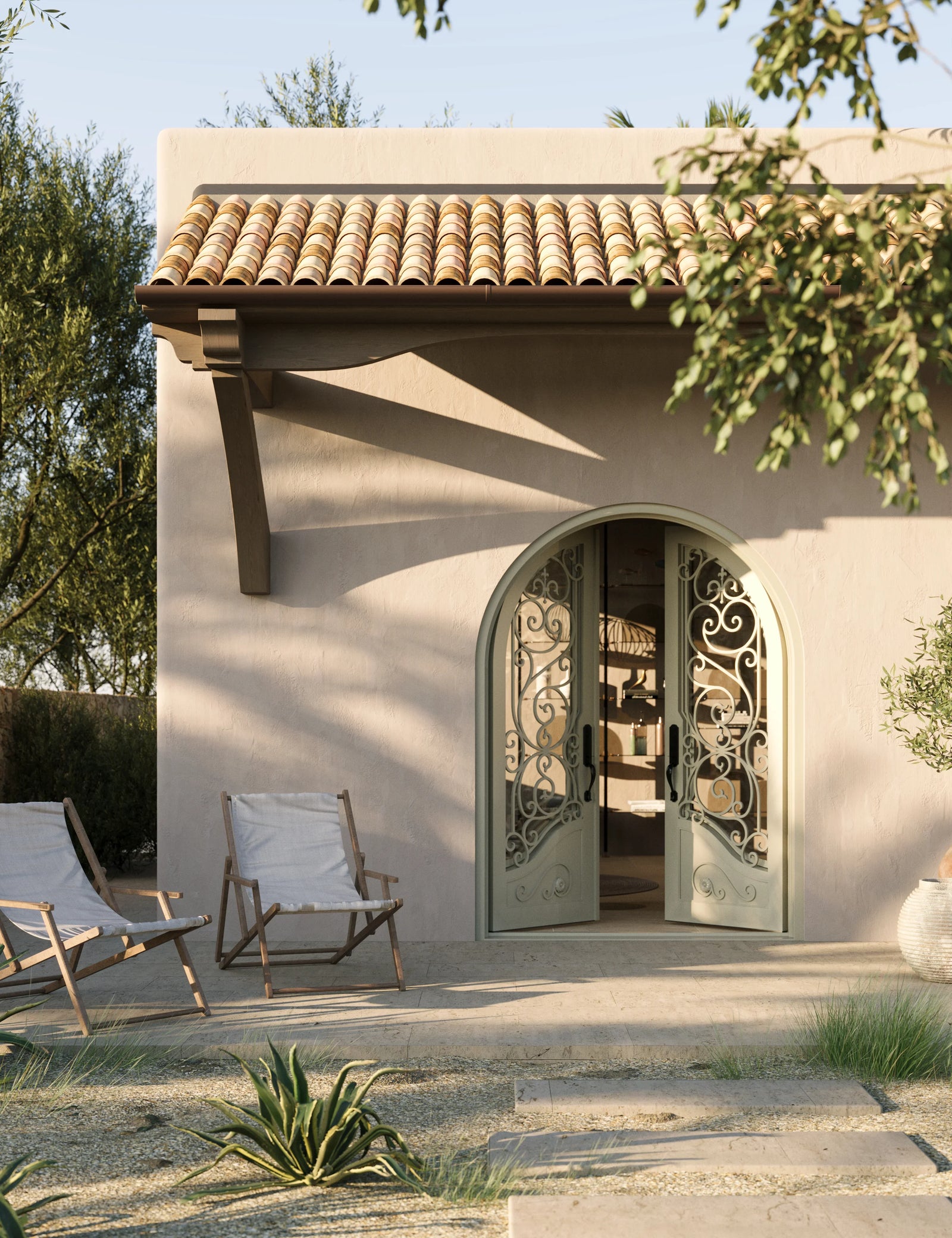 Beverly full arch top iron door with thermal barrier in bronze.