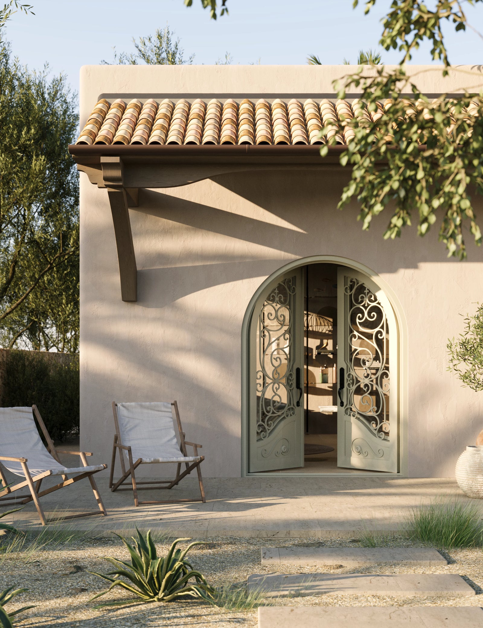 Beverly full arch top double hinged door with hand forged scrollwork and glass.