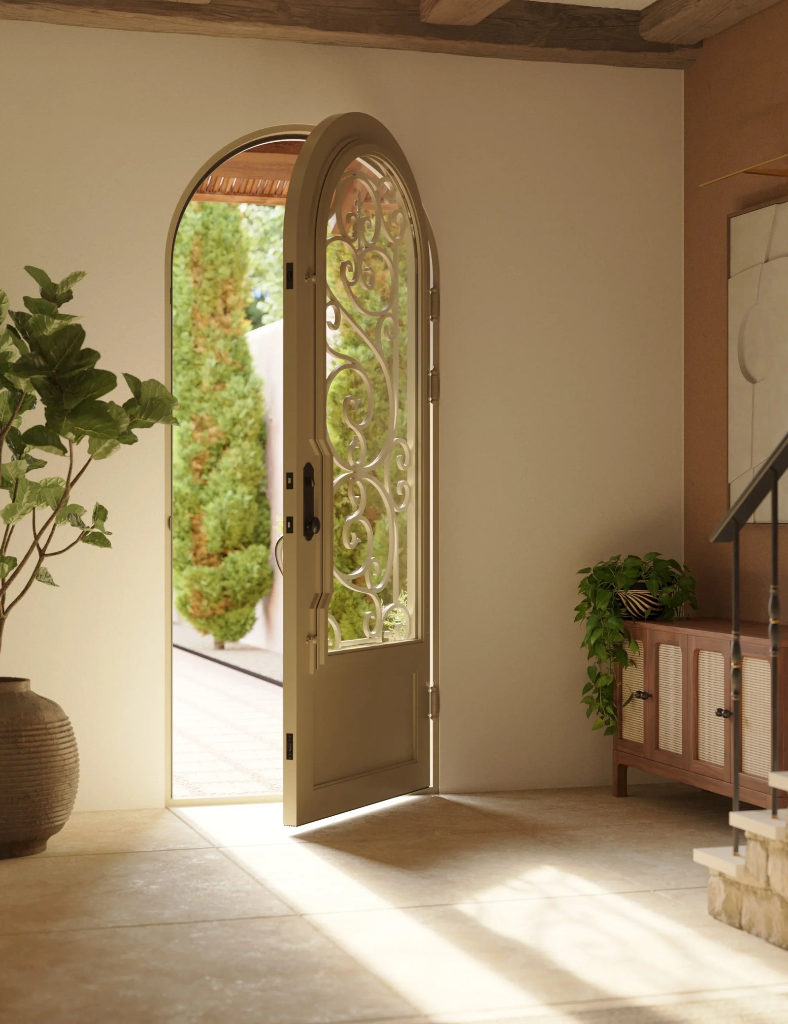 Beverly round top metal door with thermal break and double glass in bronze color.