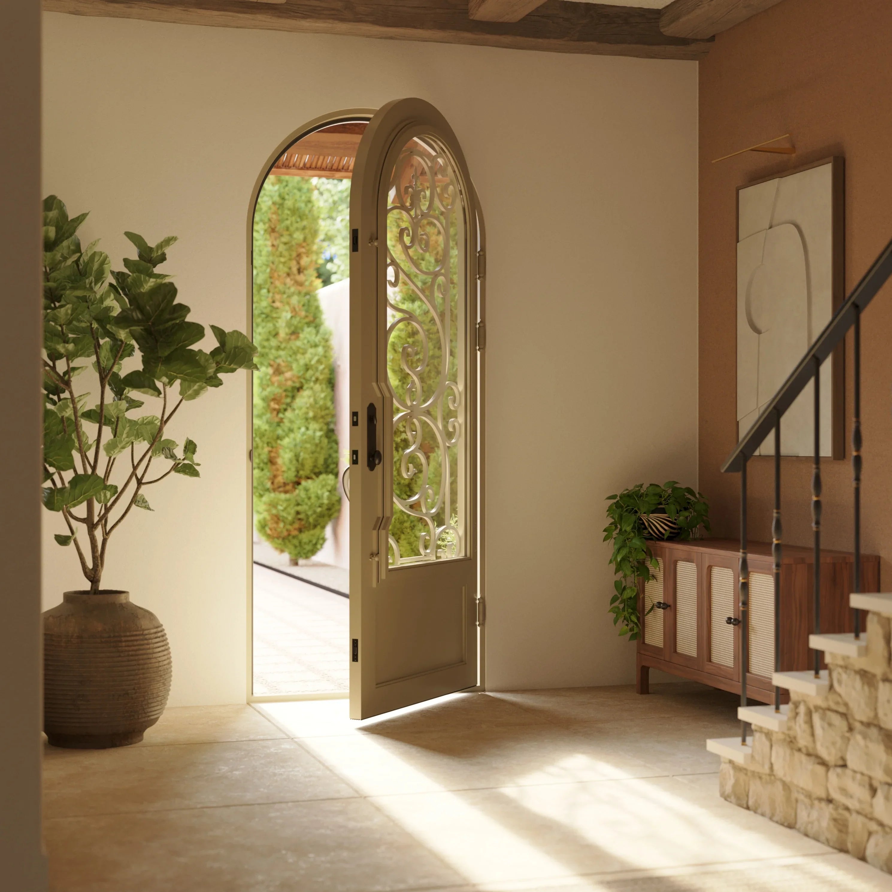 Beverly black exterior iron single radius top door with double-pane tempered glass.