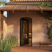 Beverly bronze color wrought iron mini arch top single front door with glass.