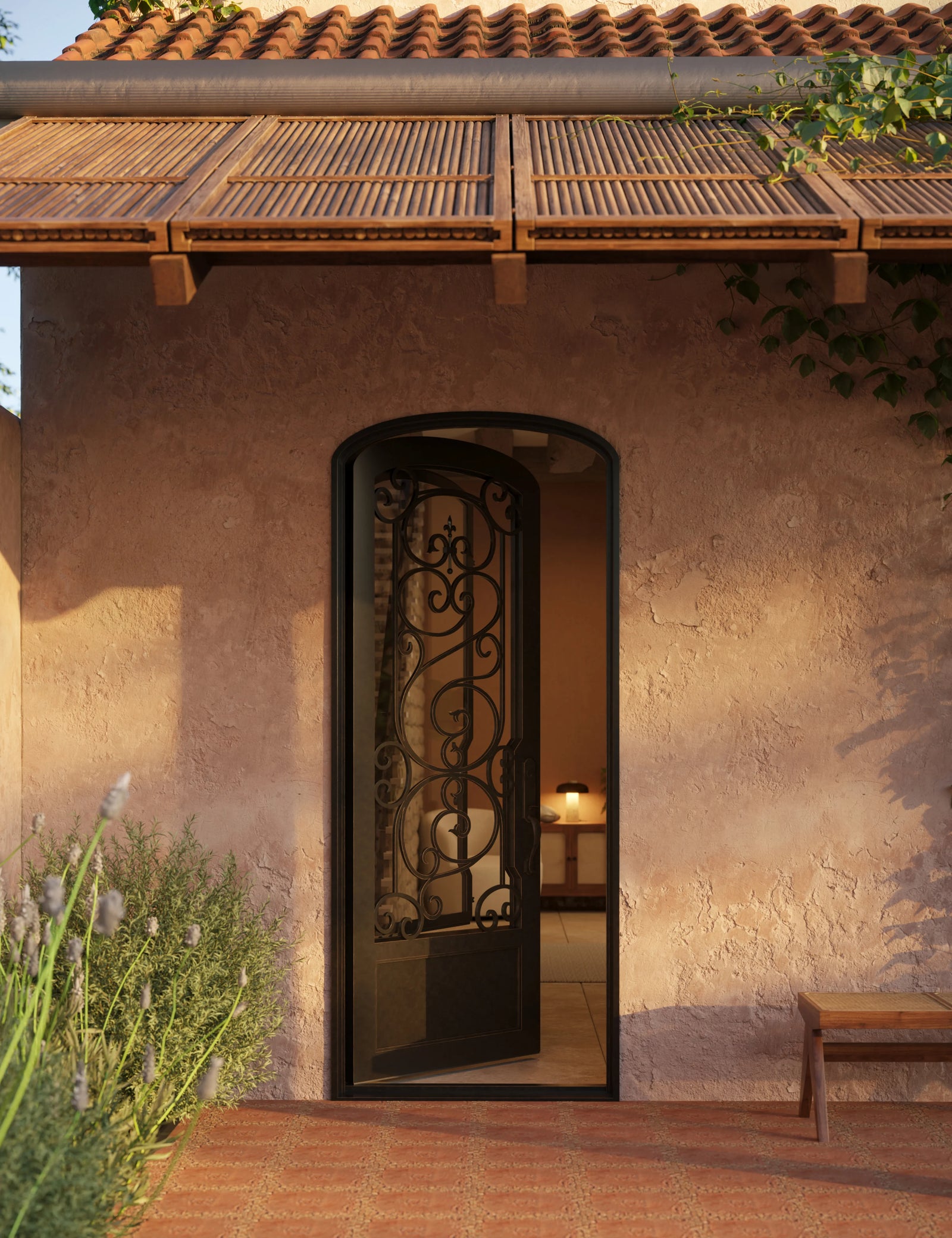 Beverly bronze color wrought iron mini arch top single front door with glass.
