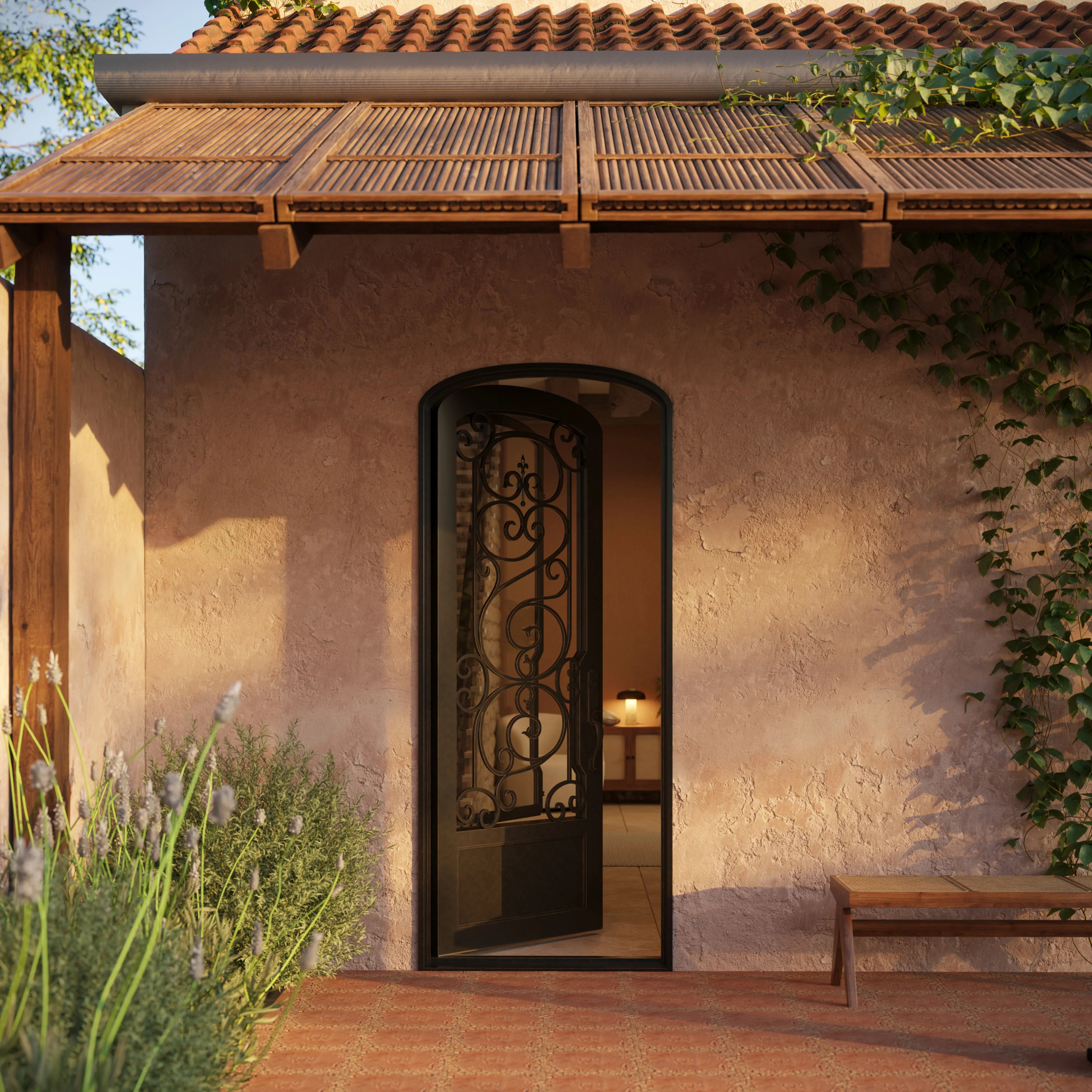 Beverly bronze color wrought iron mini arch top single front door with glass.