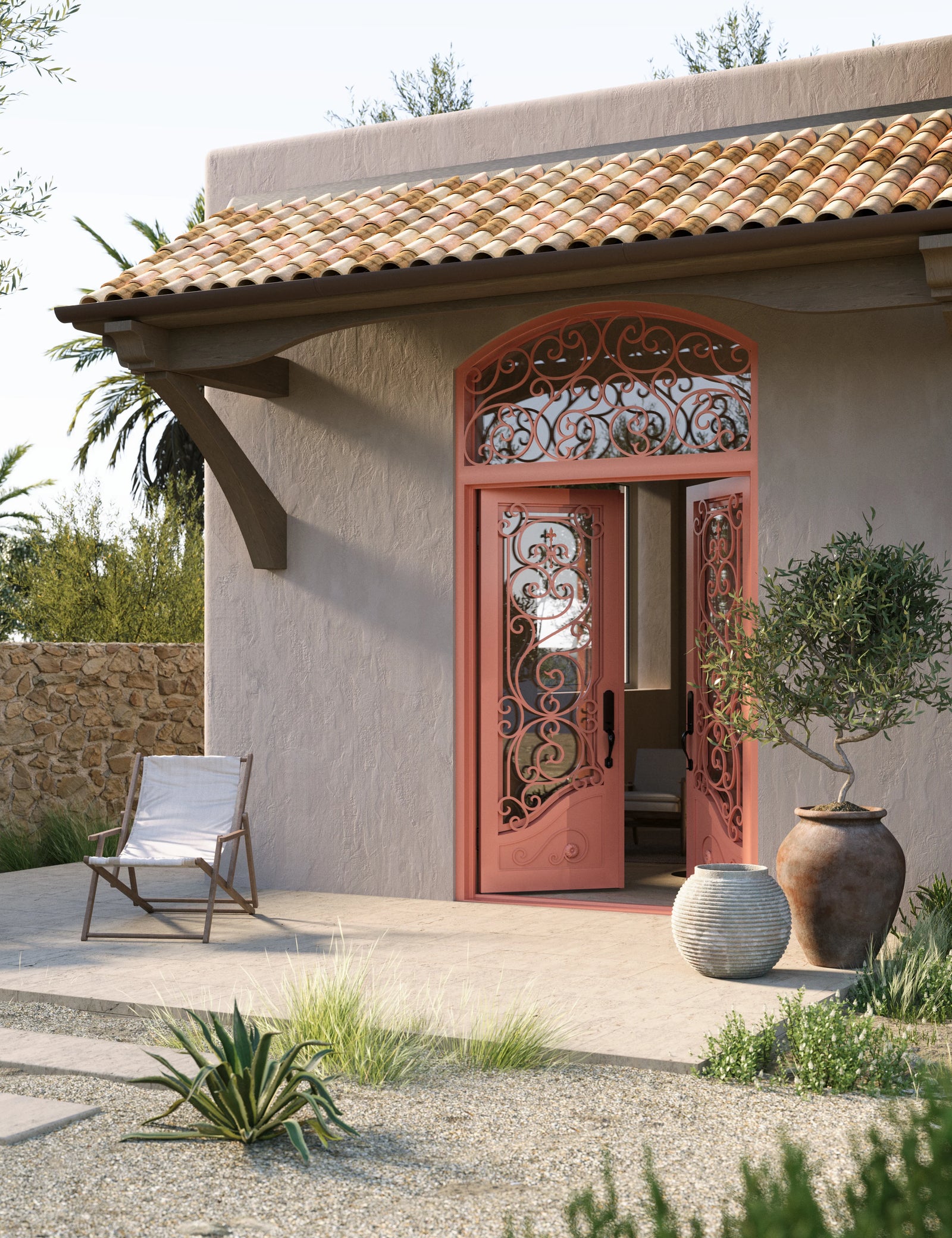 Beverly french door with curved top window and tempered glass in black color.