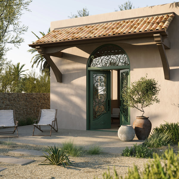 Beverly double metal framed door with radius top window for cold weather.