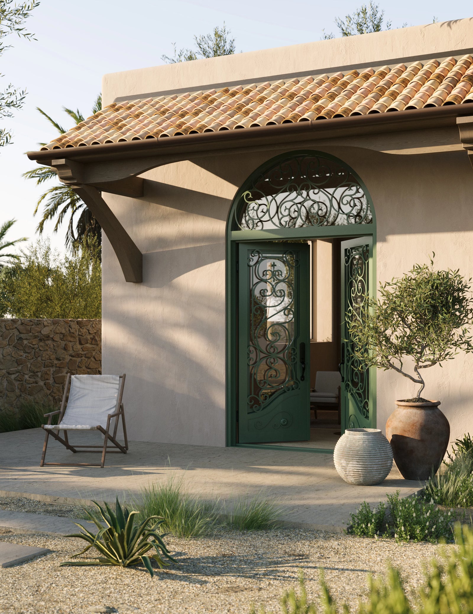 Beverly french swinging door with full arch top window in matte black.