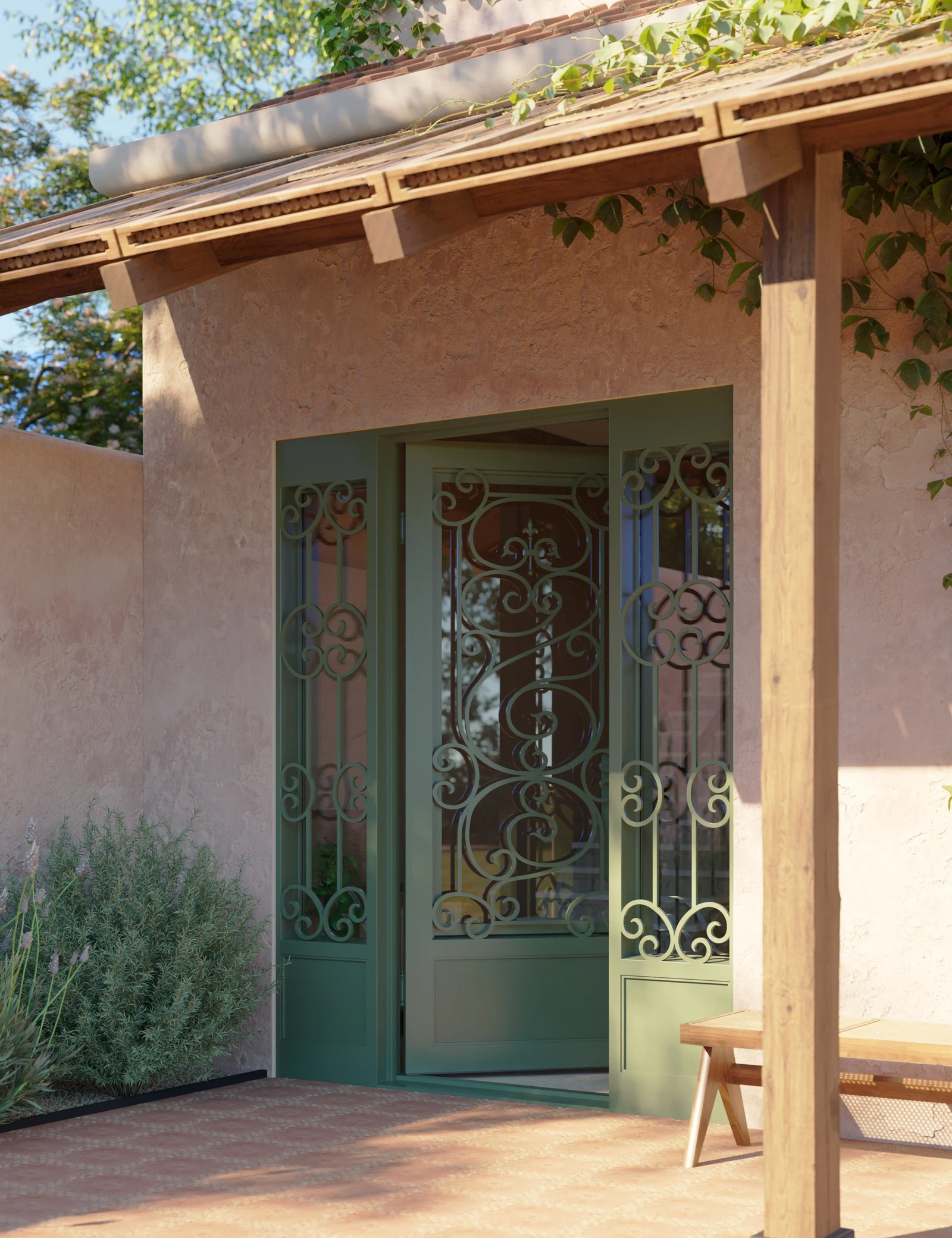 Beverly square top single entry door in bronze with thermal barrier and side windows.