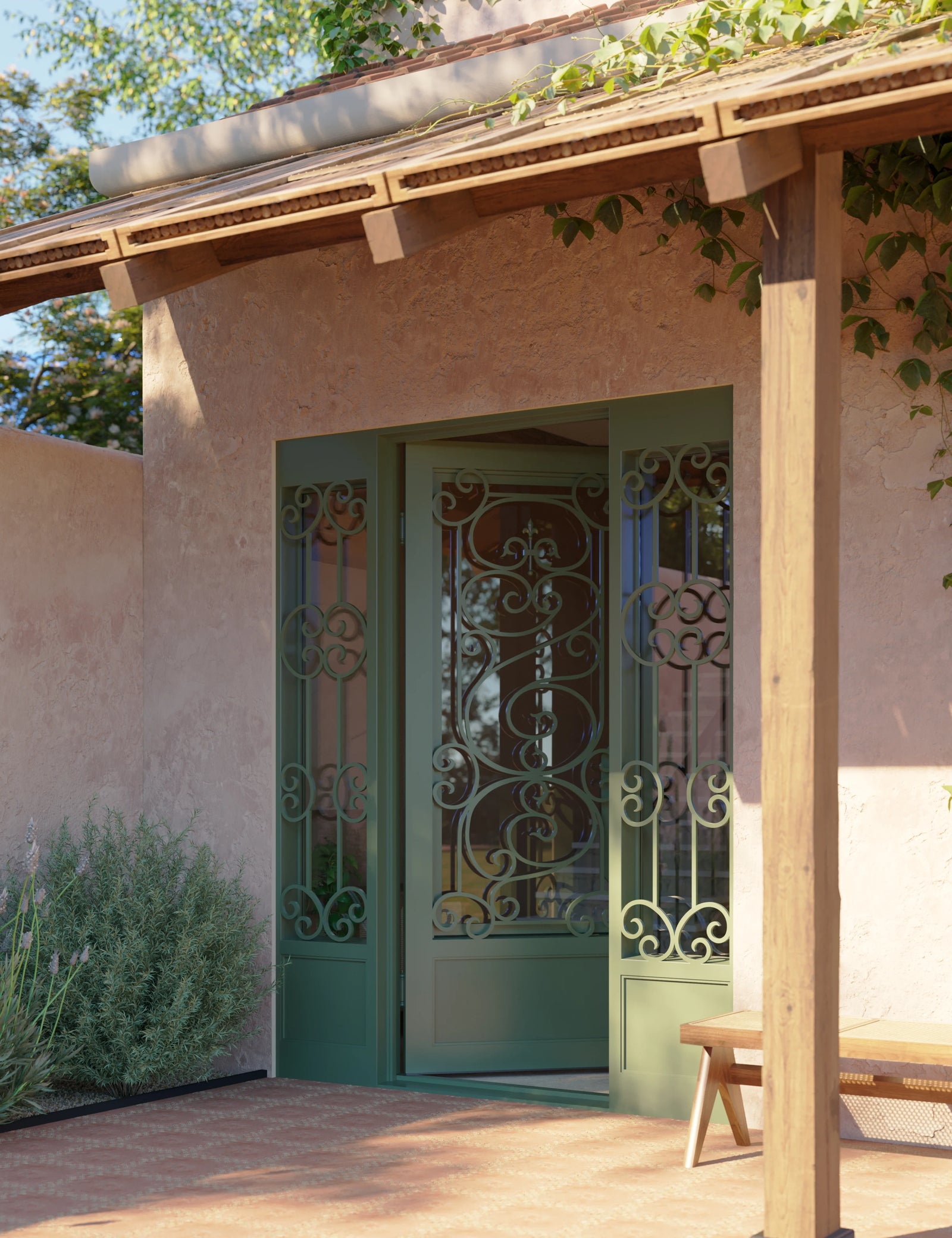 Beverly iron single entry door with ornate ironwork and side windows in matte black.