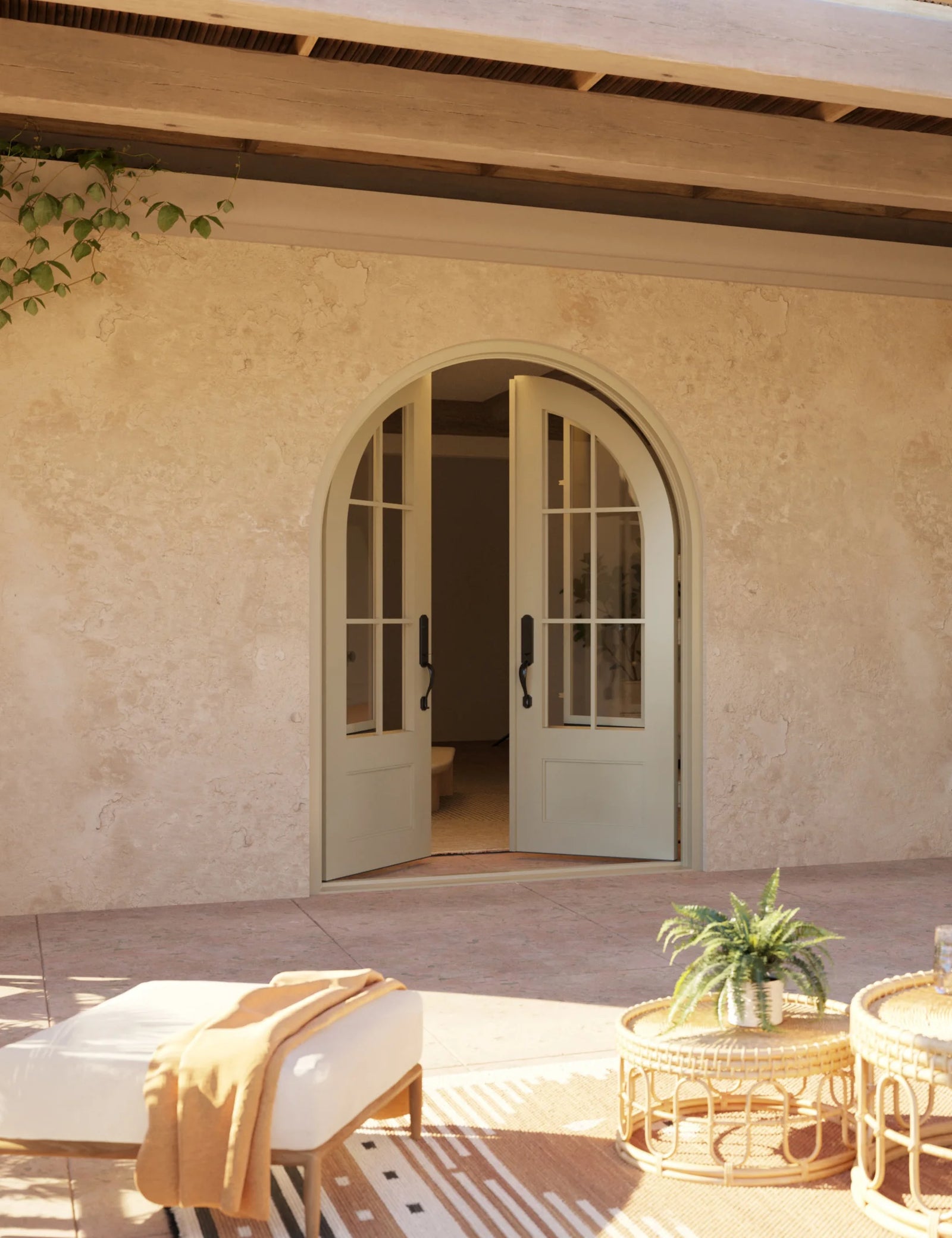 Bristol double radius top swing door with dual-pane glass.