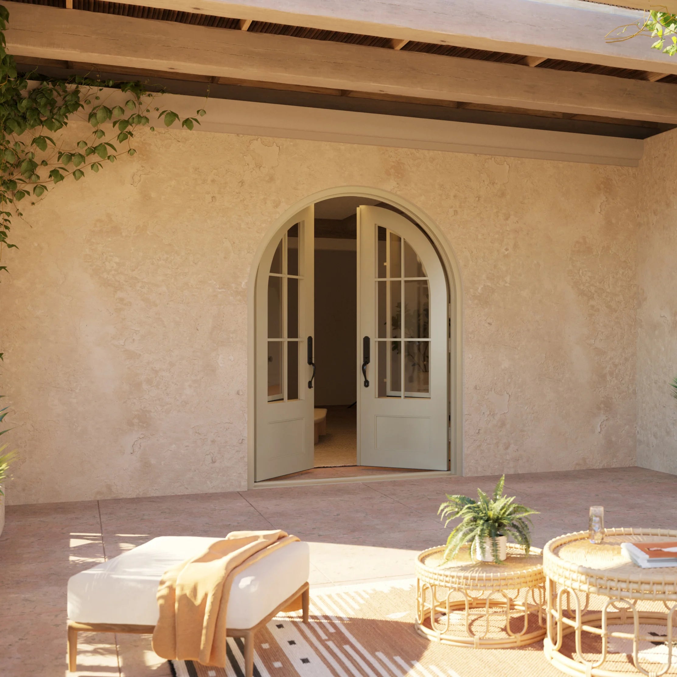 Bristol double radius top swing door with dual-pane glass.