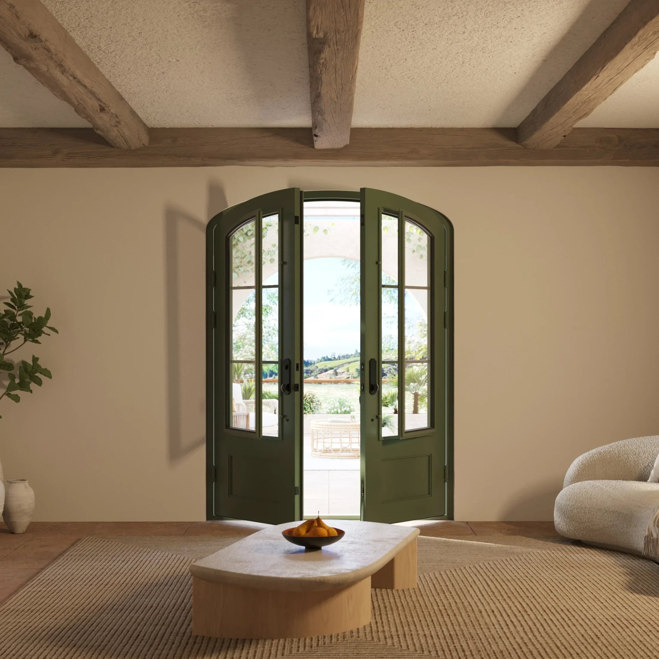 Bristol arched style iron entry door with clear glass in bronze hue.