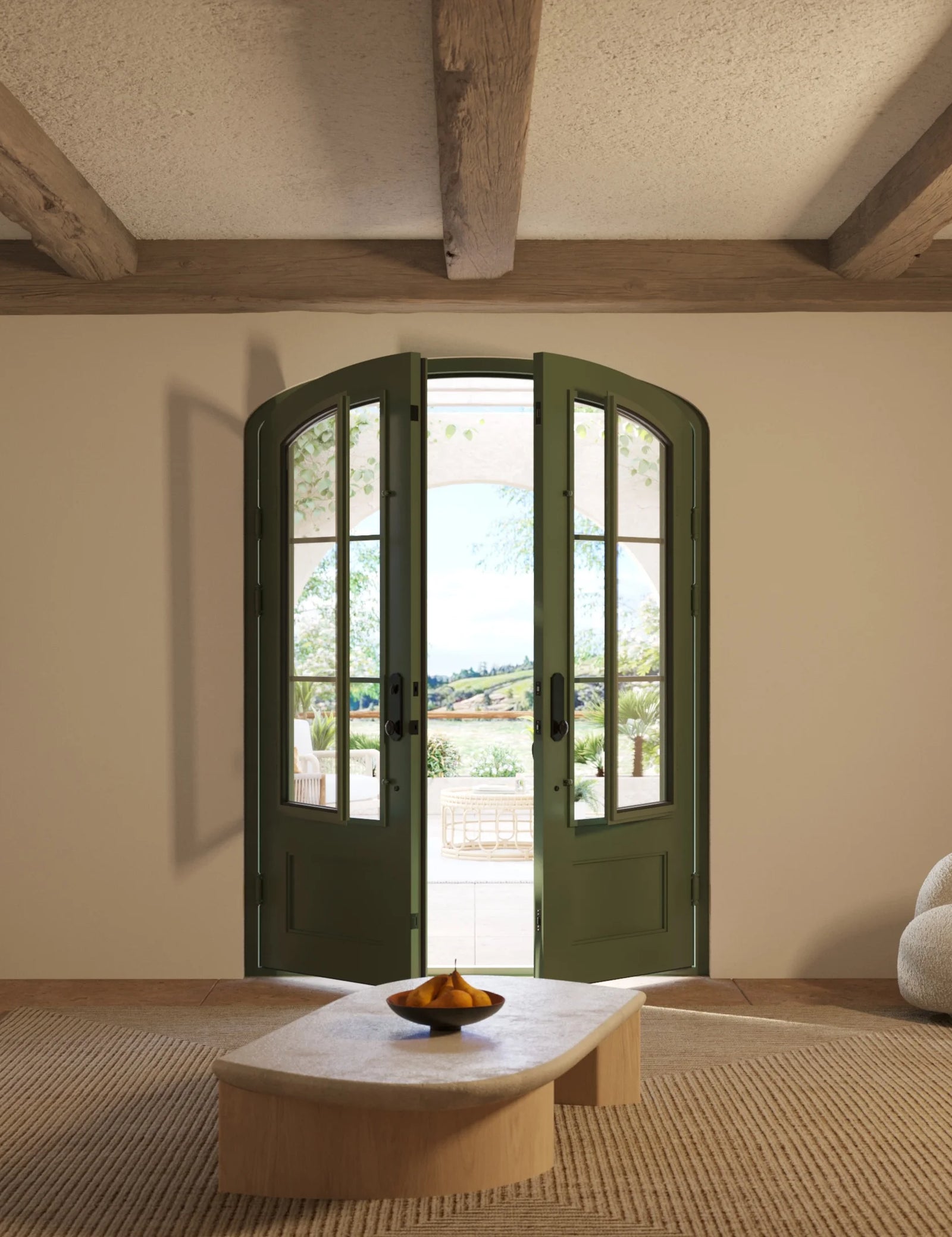 Bristol arched top iron entry door with glass windows in bronze finish.