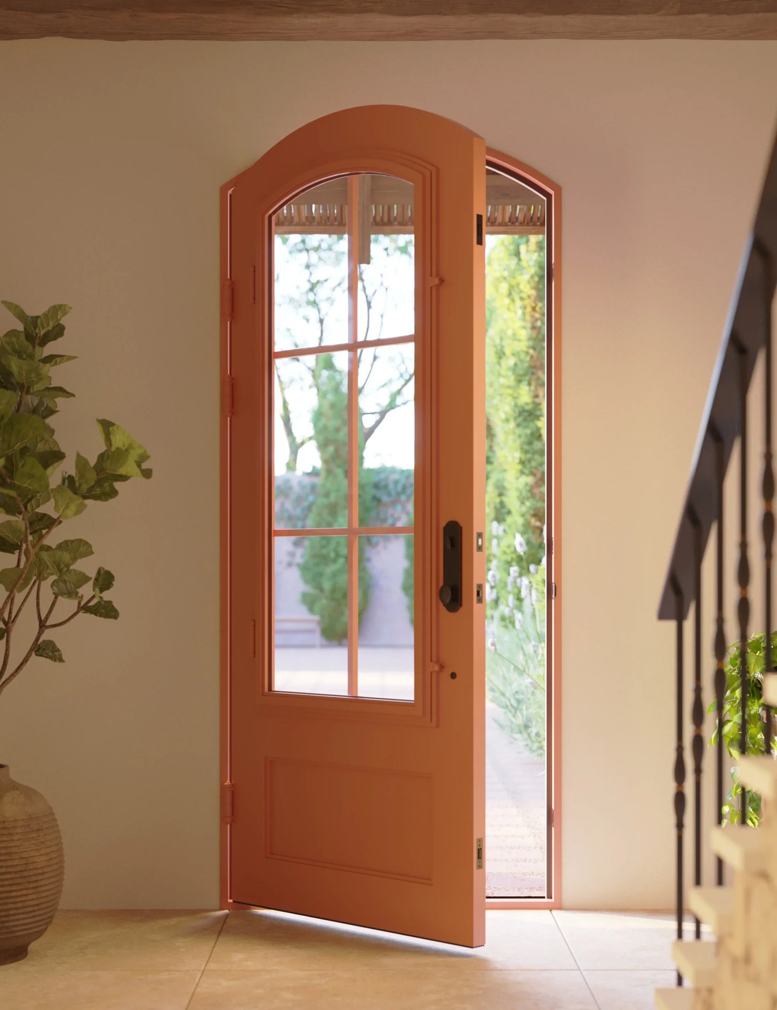 Bristol bronze color exterior wrought iron arch top door with glass.