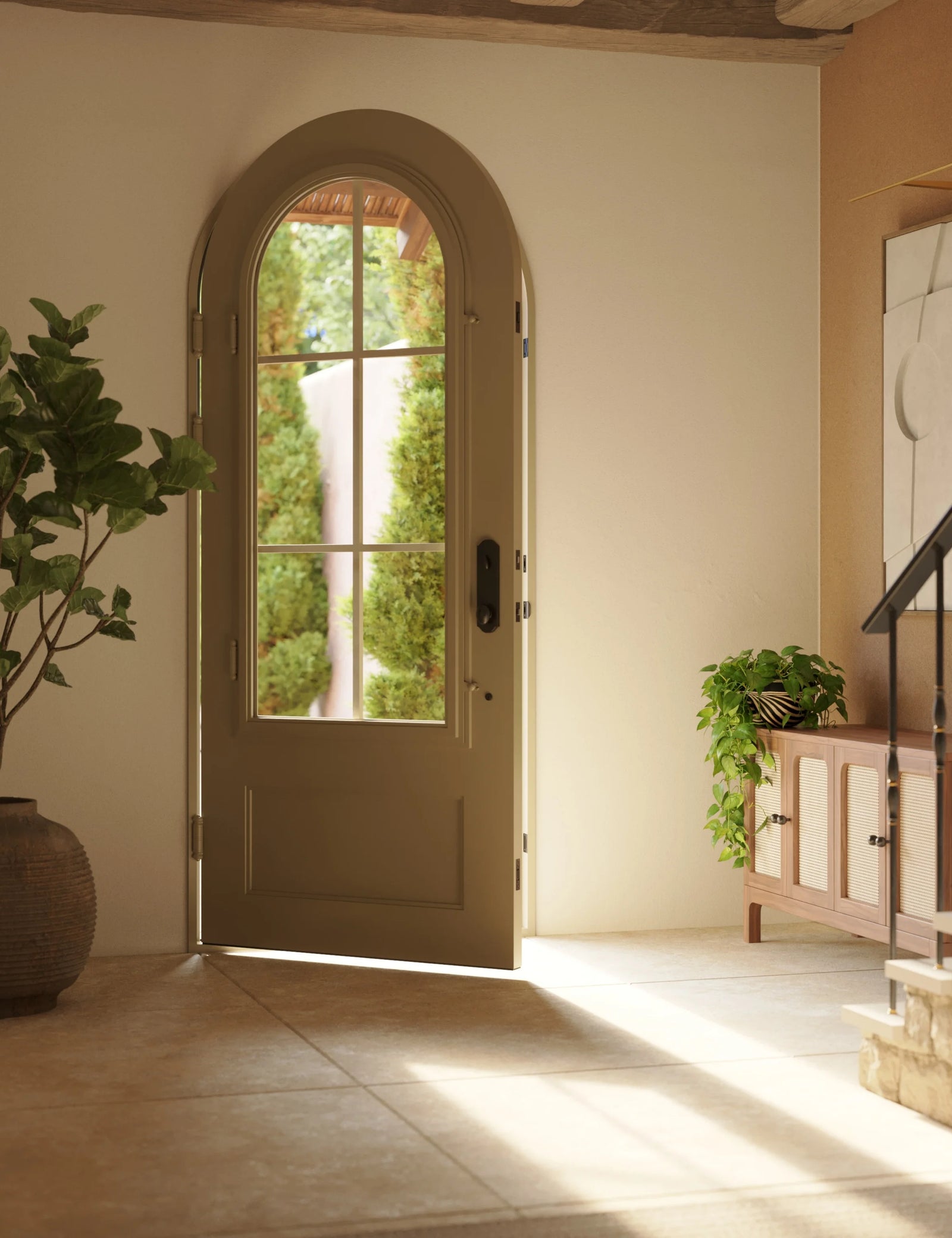 Bristol bronze color exterior iron single round top door with glass and ironwork.