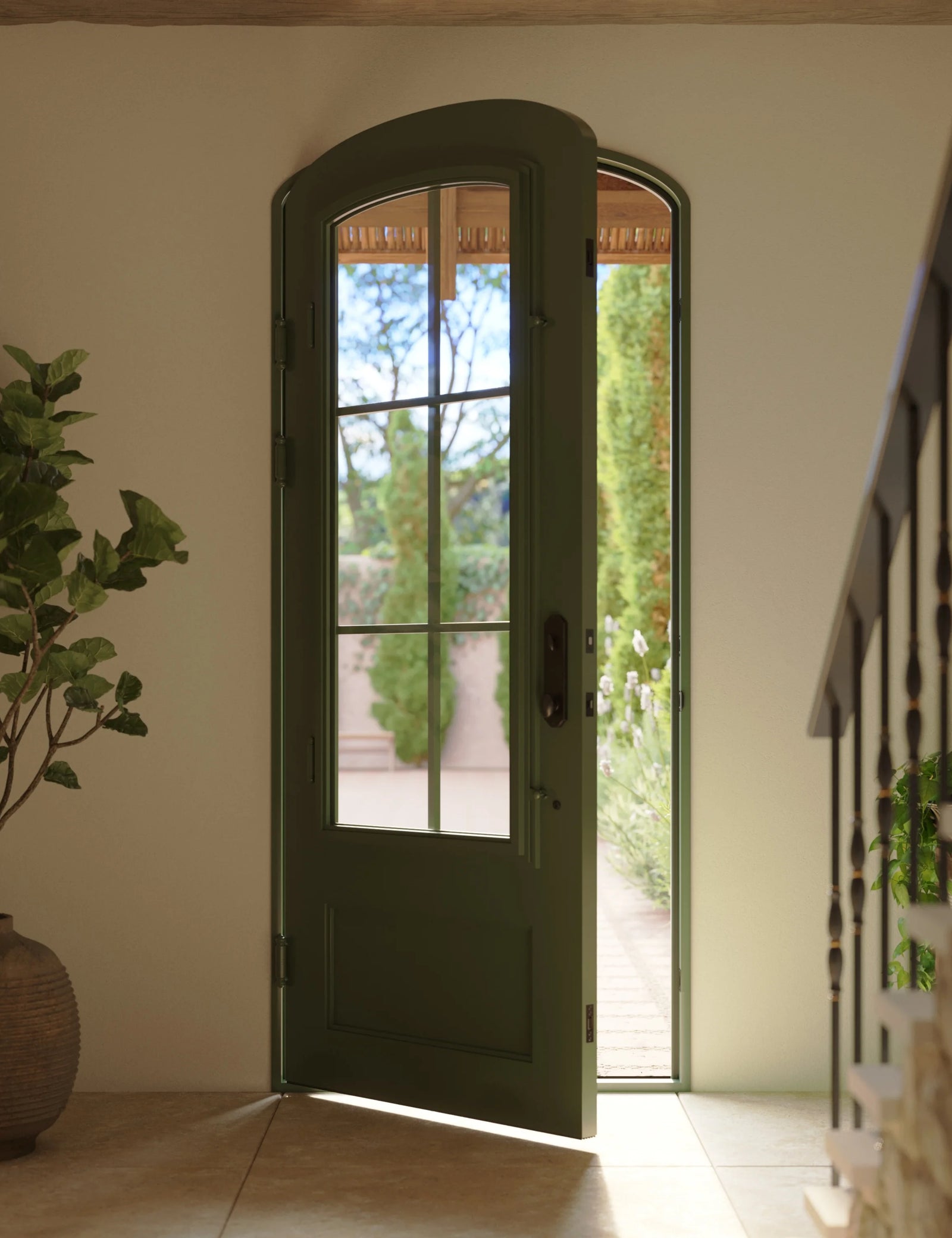 Bristol single mini arch top iron hinged door with thick double-pane glass.