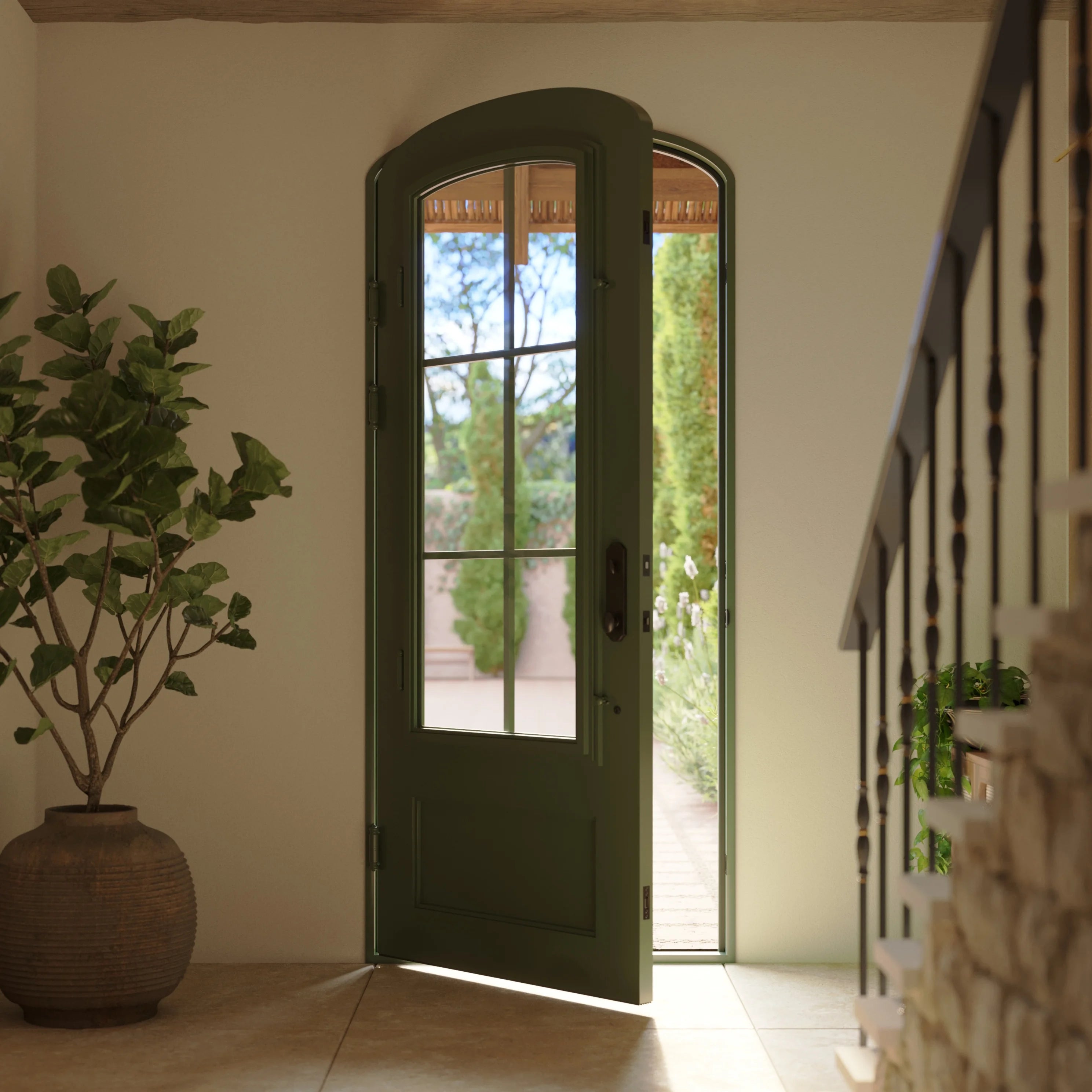 Bristol single mini arch top iron hinged door with thick double-pane glass.
