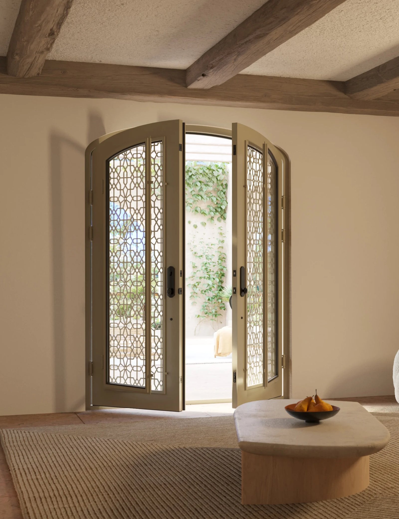 DNA’ Door bronze finished double door with glass and arch top.