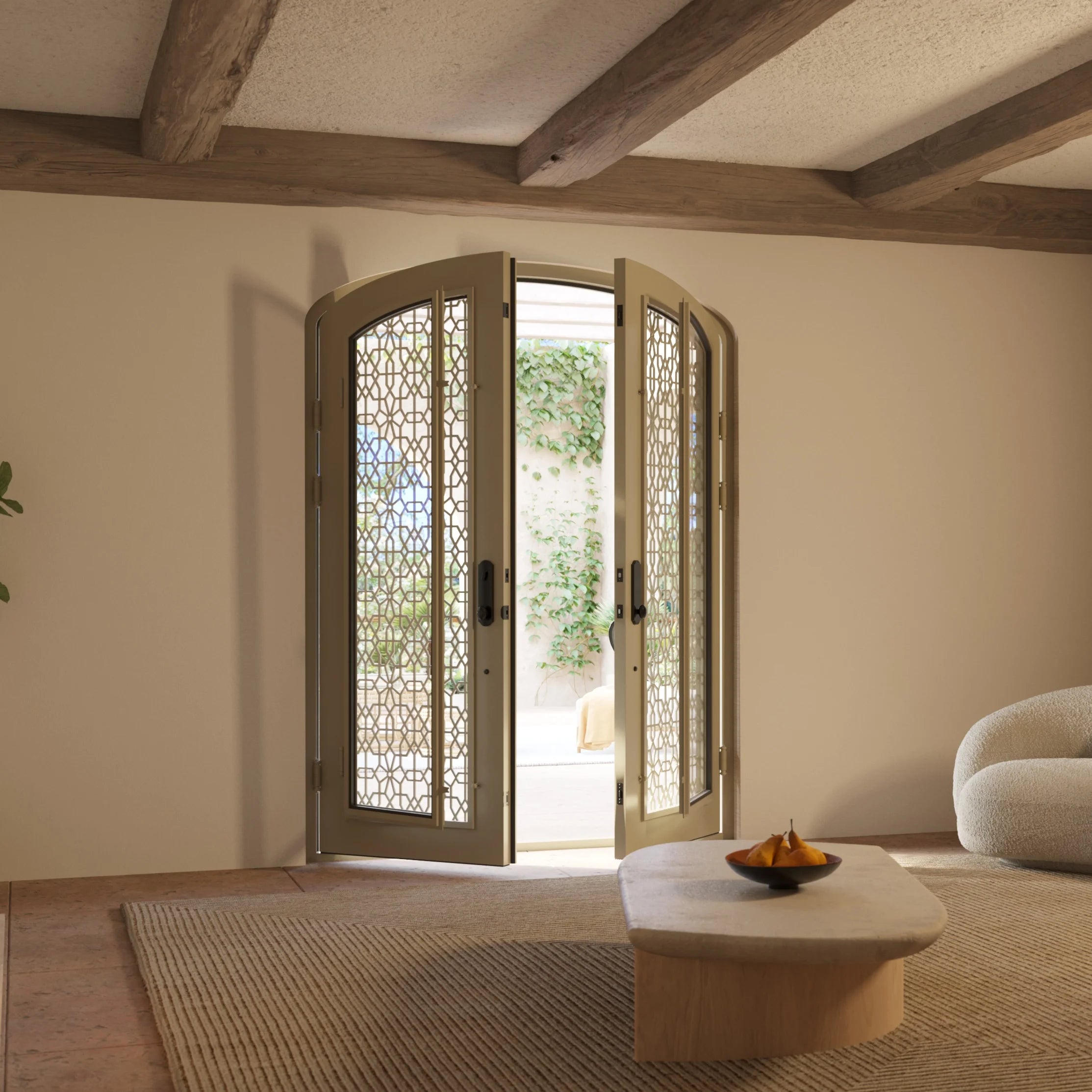 DNA’ Door bronze finished double door with glass and arch top.