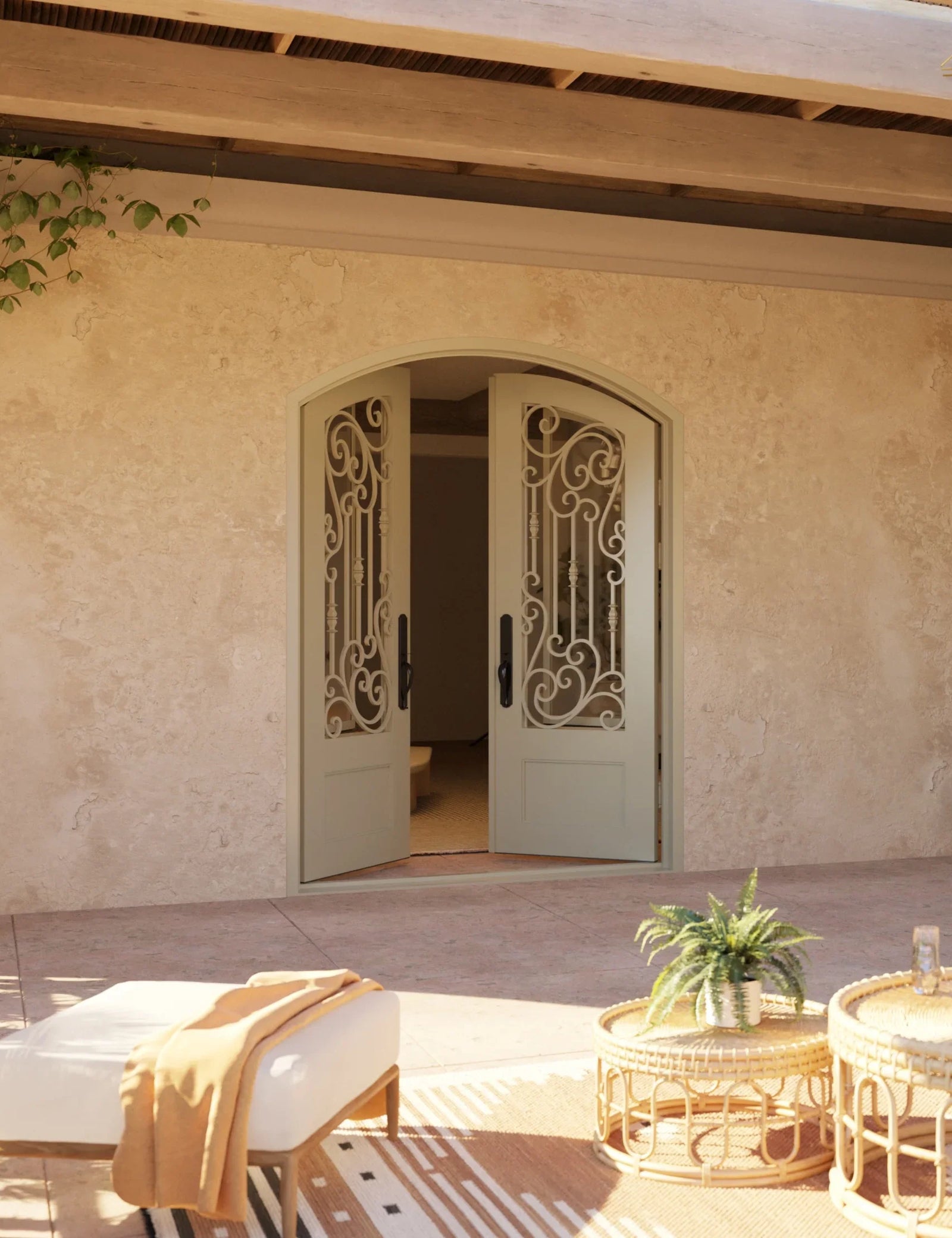 Golden Gate arched top metal door with thermal break and glass in black.