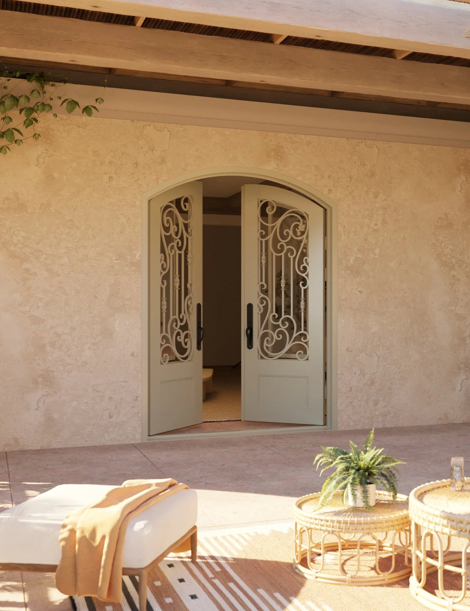 Golden Gate entry door with arched top and clear glass in bronze color.
