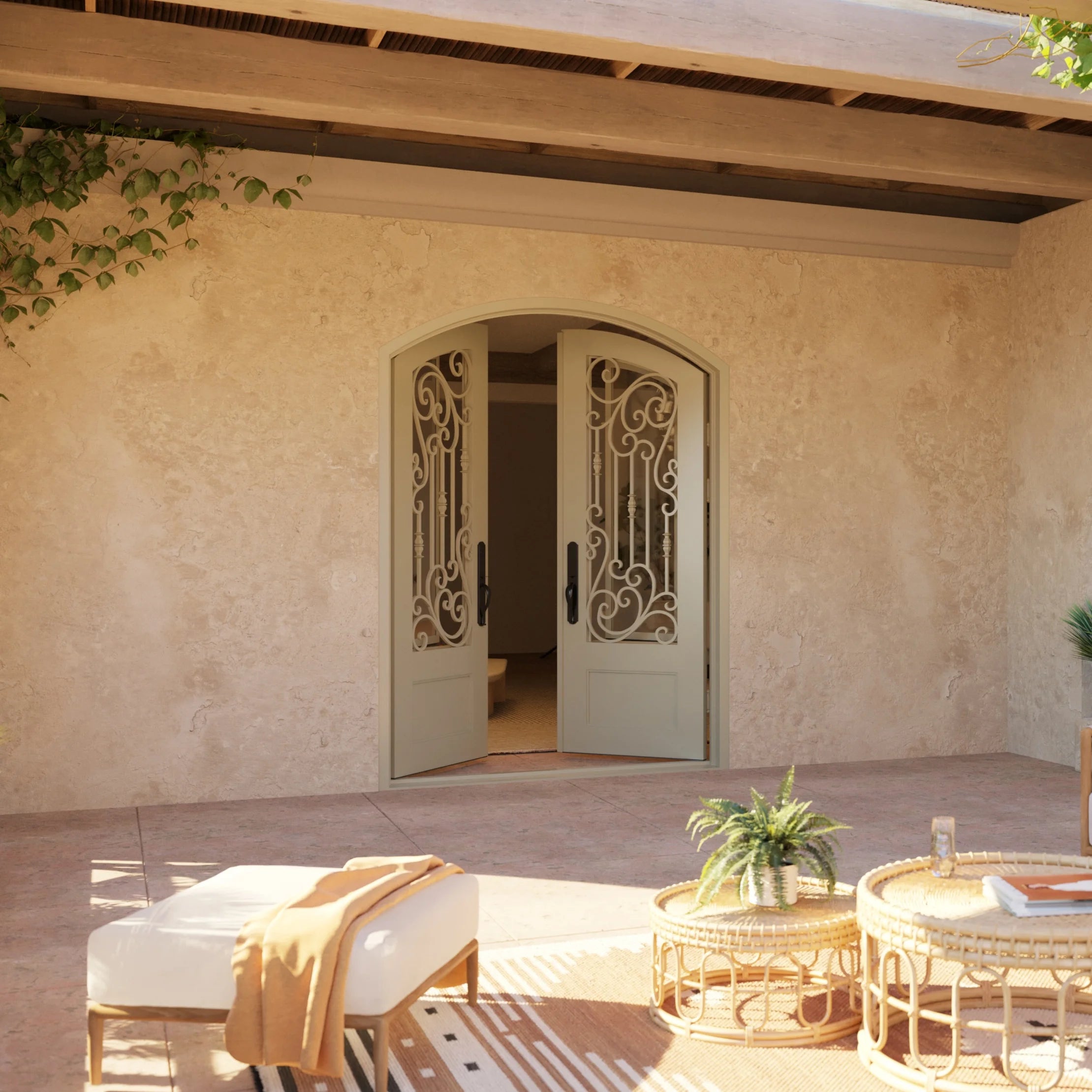 Golden Gate entry door with arched top and clear glass in bronze color.