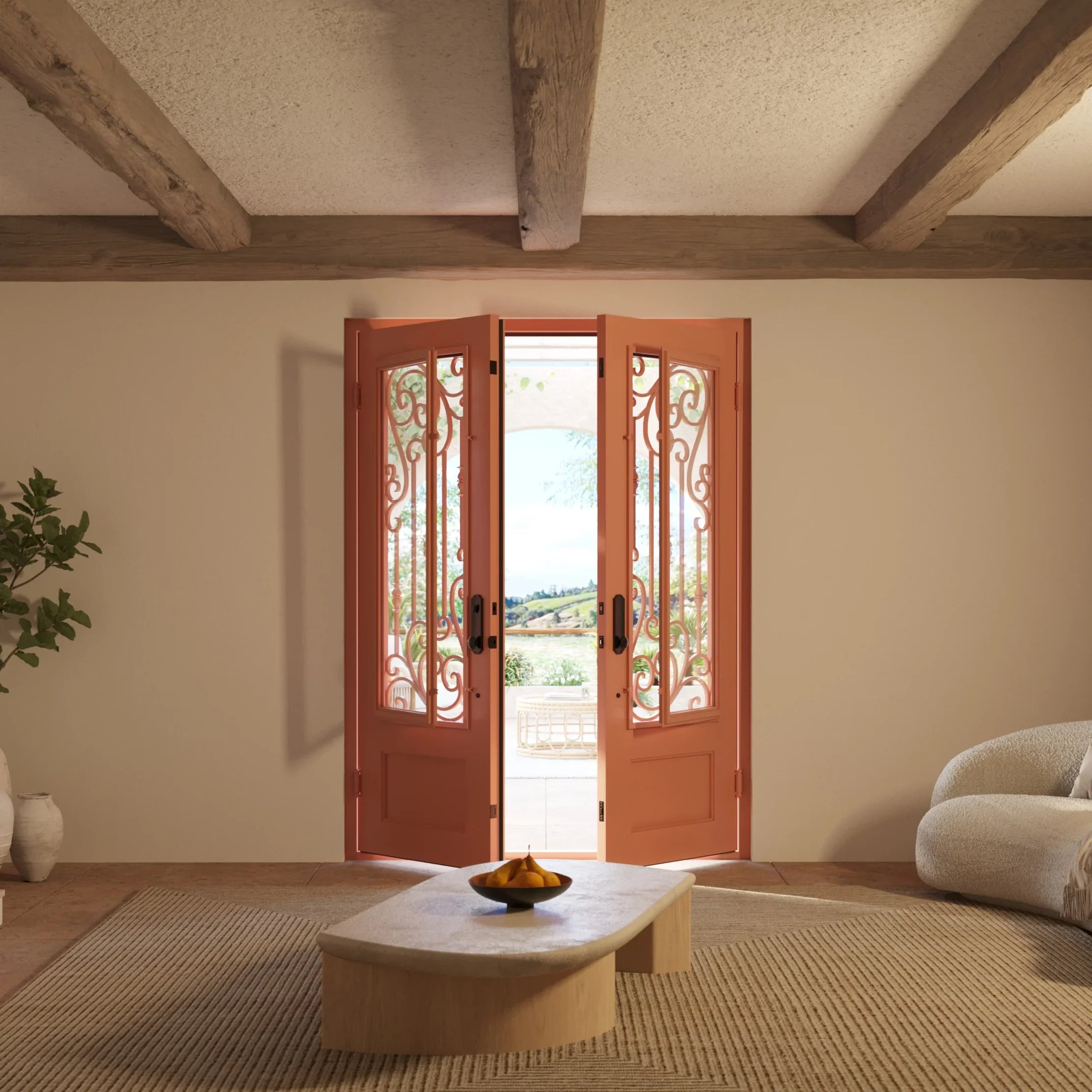 Golden Gate black metal double flat top door with dual-pane tempered glass.