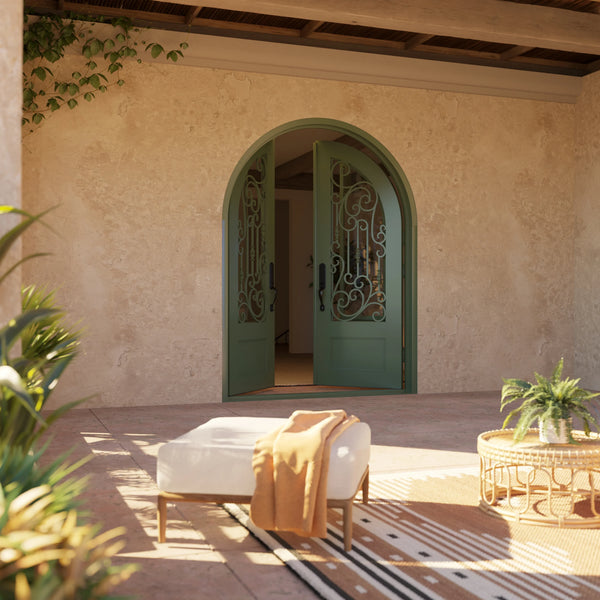 Golden Gate round top iron door in bronze for cold weather.