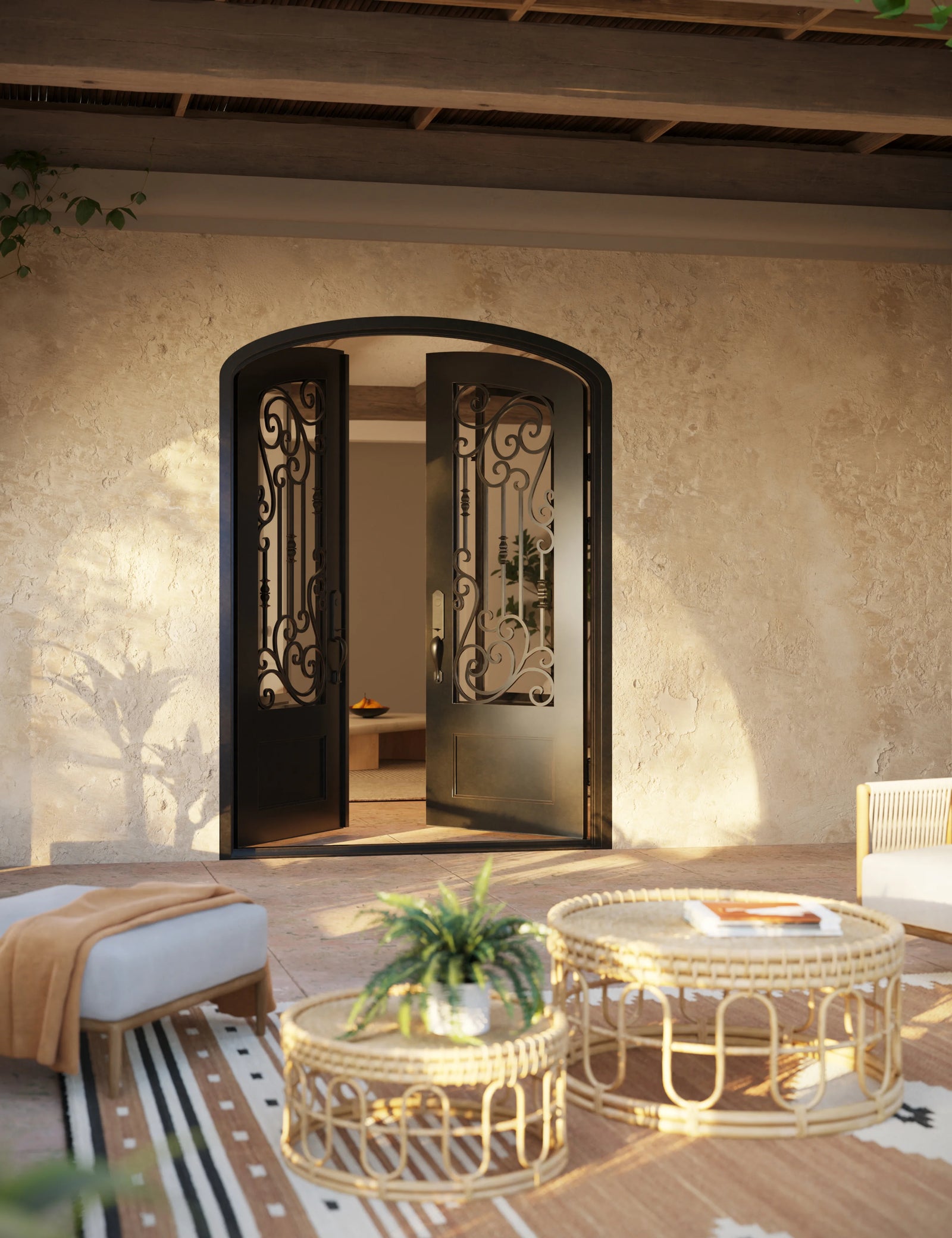Golden Gate bronze colored double door with clear glass and arch top.