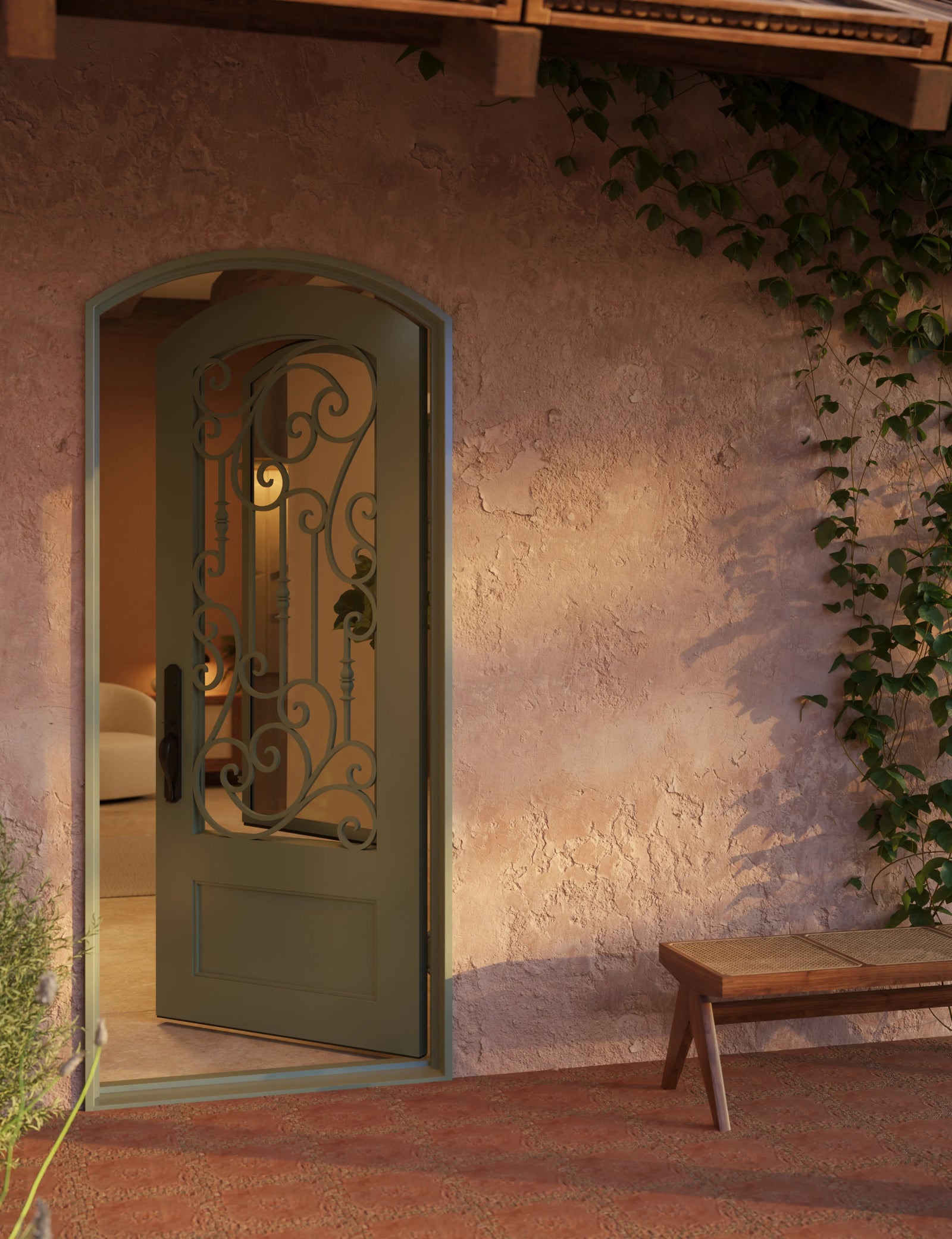 Golden Gate black exterior iron single arch top door with double glass.